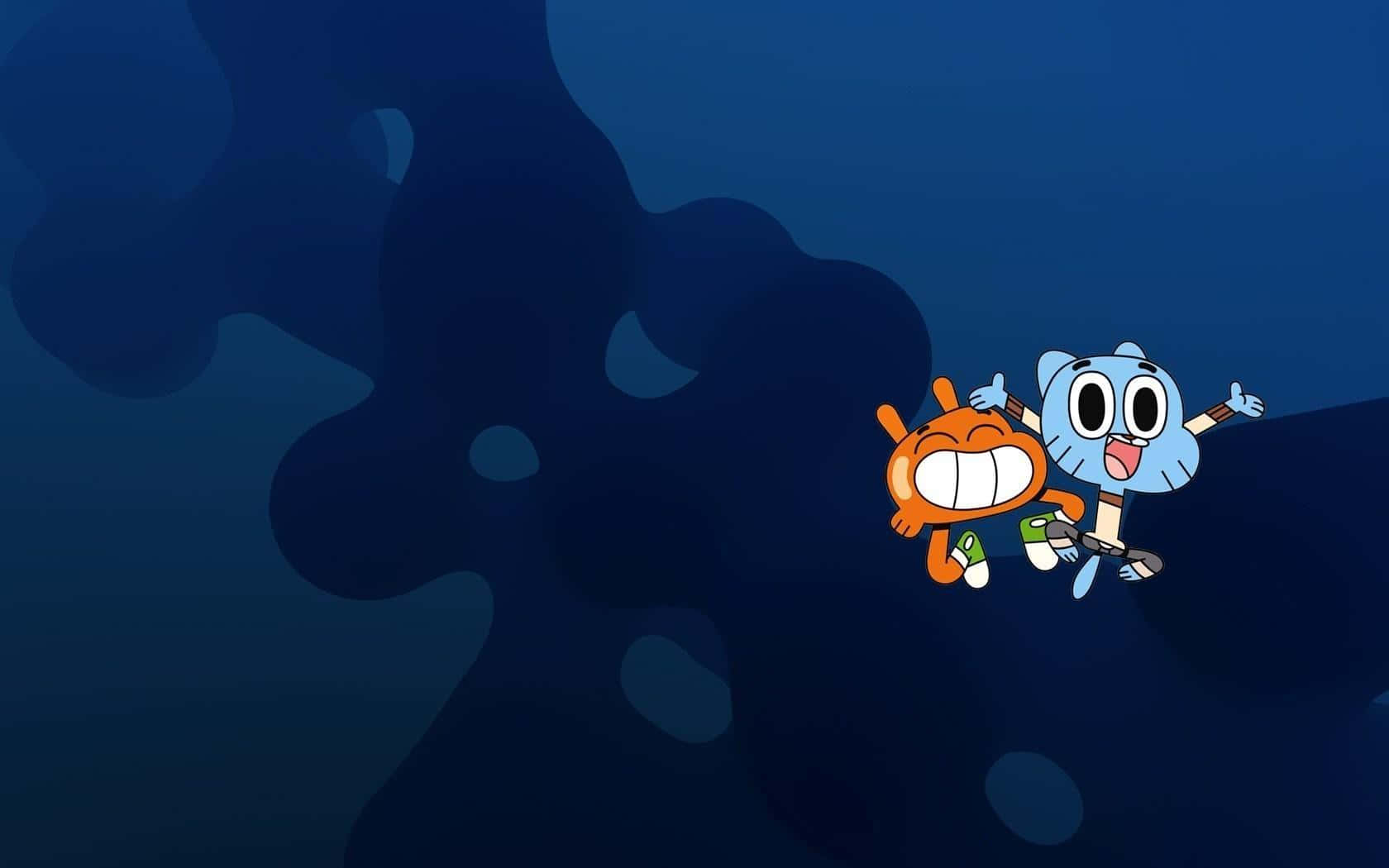 Gumball And Darwin 桌布 壁紙 — 兩個卡通角色在深藍色水下場景中愉快地漂浮，周圍有抽象形狀。