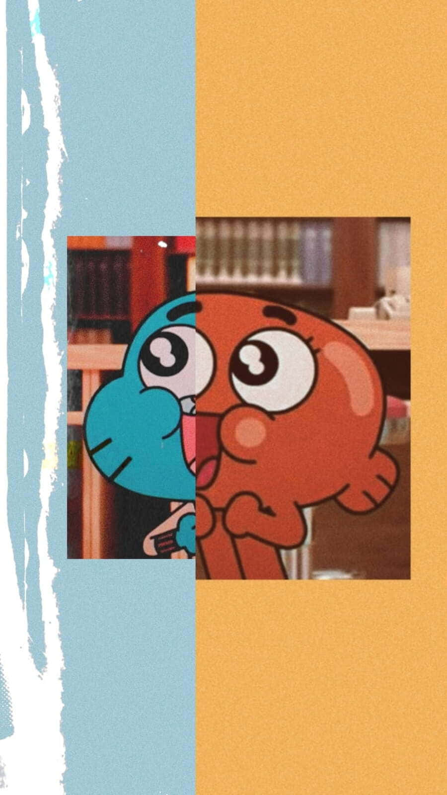 Gumball And Darwin 桌布 壁紙 — 兩個卡通角色從帶有紋理筆觸的藍色和橙色分割背景後面偷看。