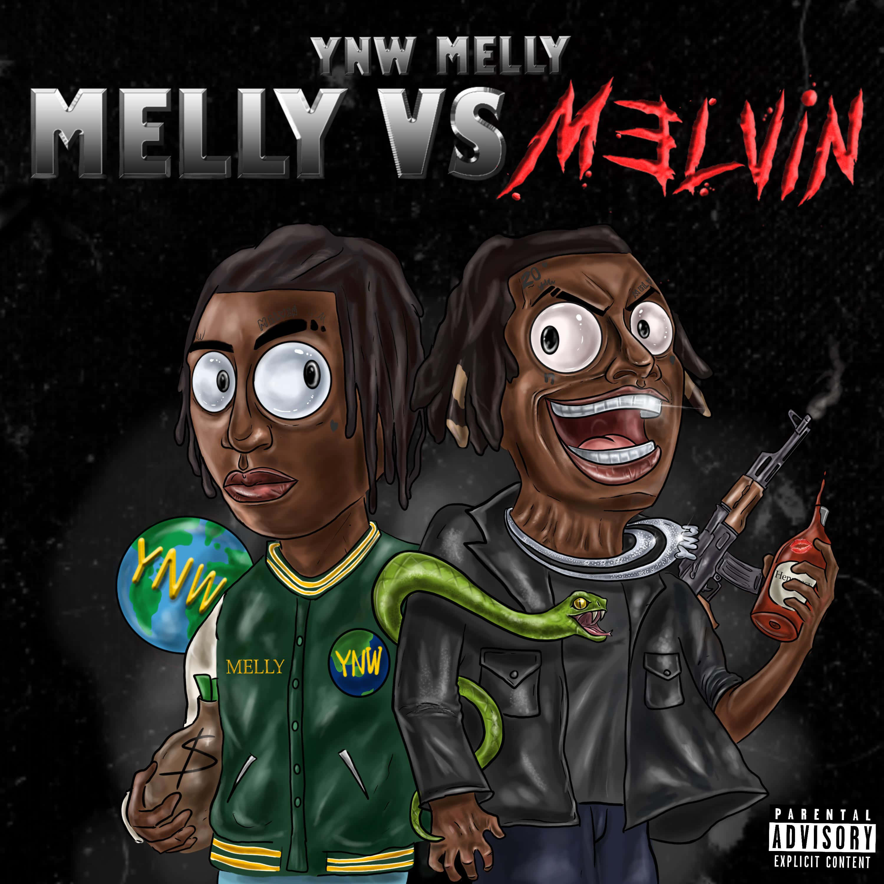 Ynw Melly Cartoon 桌布 壁紙 — 兩個卡通說唱歌手對峙，一個拿著地球儀，另一個拿著槍和辣醬，背景是黑暗的星空。