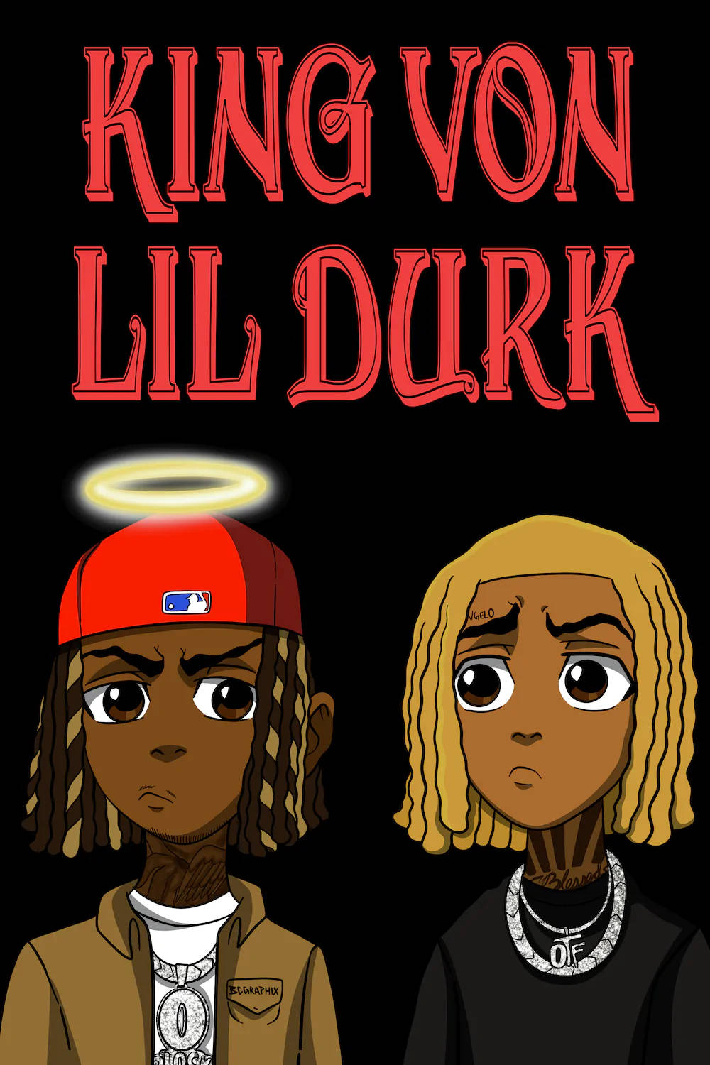 King Von And Lil Durk 桌布 壁紙 — 兩個卡通說唱歌手帶有天使光環，一個戴紅色帽子，另一個金色頭髮，兩者都表情嚴肅，背景為黑色。