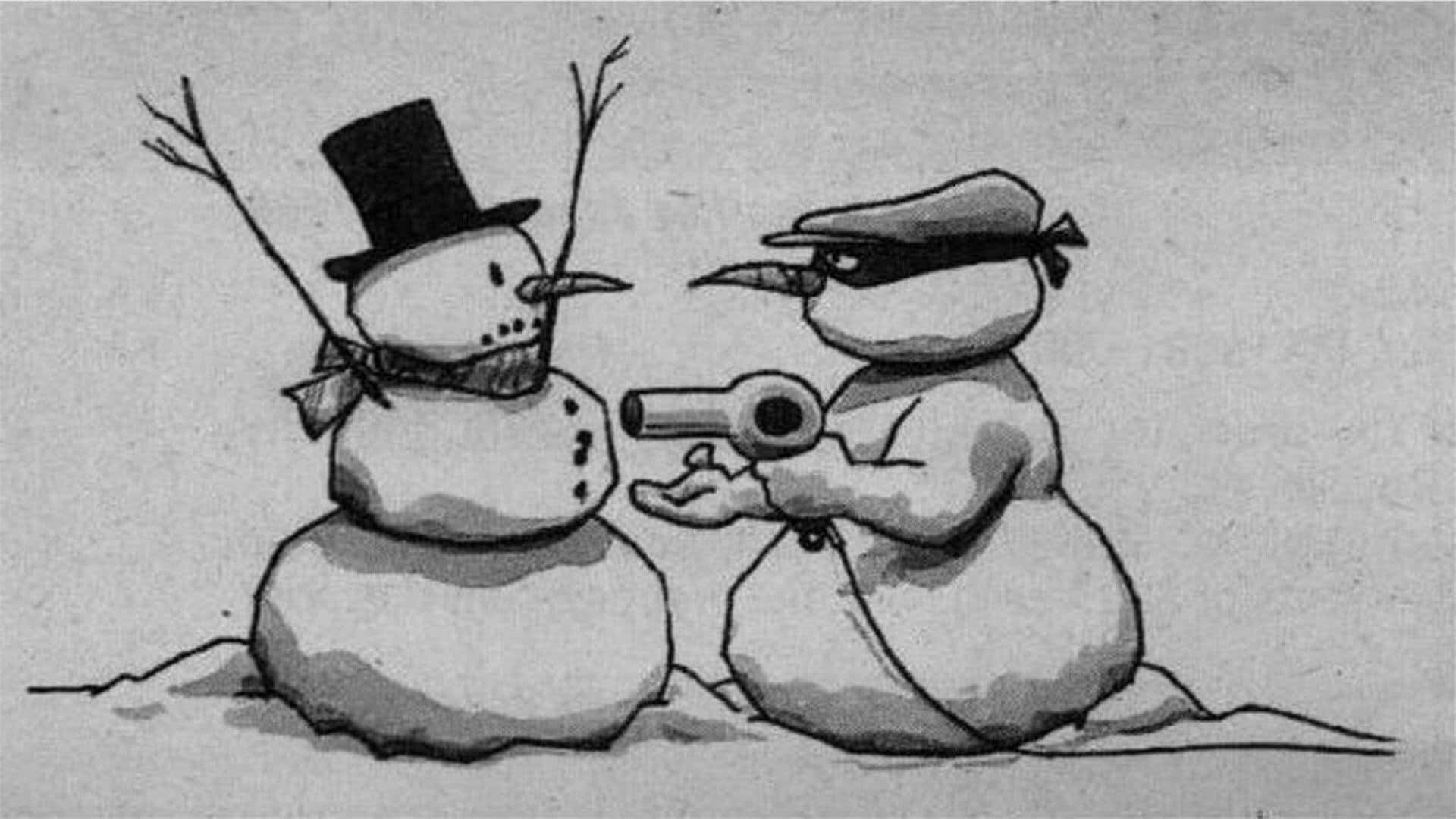 搞笑聖誕gif 桌布 壁紙 — 兩個卡通雪人，一個戴高帽和圍巾，另一個戴頭巾並手持玩具槍，在雪景中對峙。