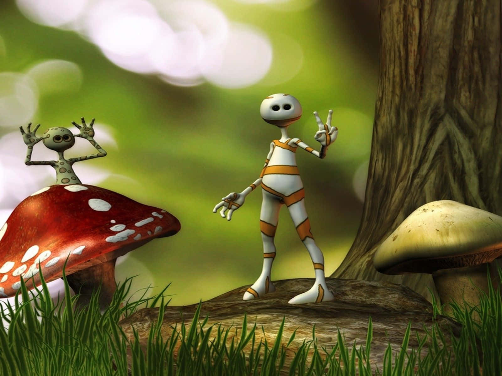 Cartoon Sci-fi 桌布 壁紙 — 兩個卡通風格的外星人在陽光明媚的森林中愉快地揮手，背景有巨型蘑菇和柔和散景。