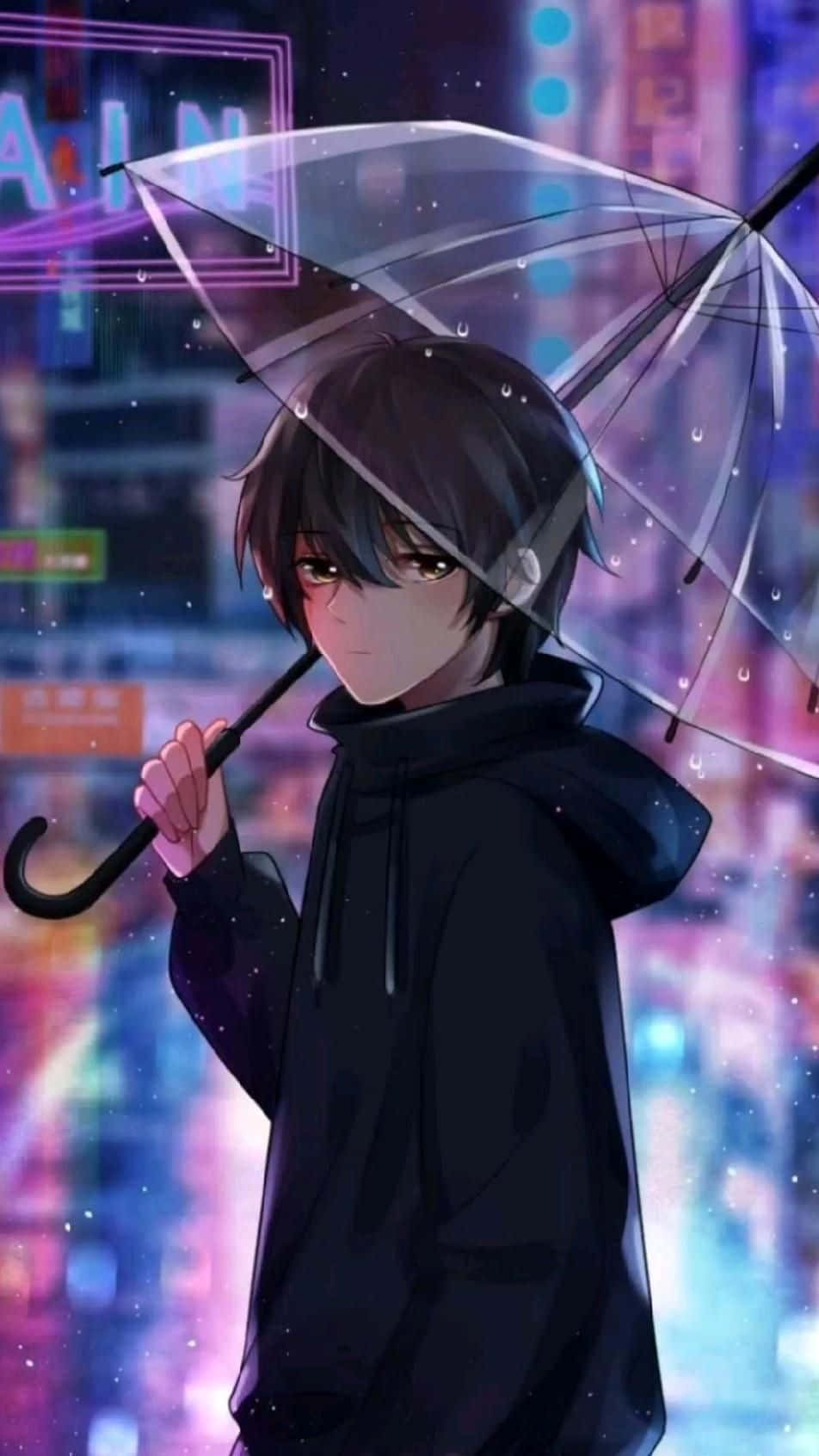 兩個可愛動漫男孩一起玩電玩 壁紙 — 一個穿著黑色連帽衫的年輕動漫男孩在夜晚充滿活力的霓虹城市景觀中撐著透明雨傘。