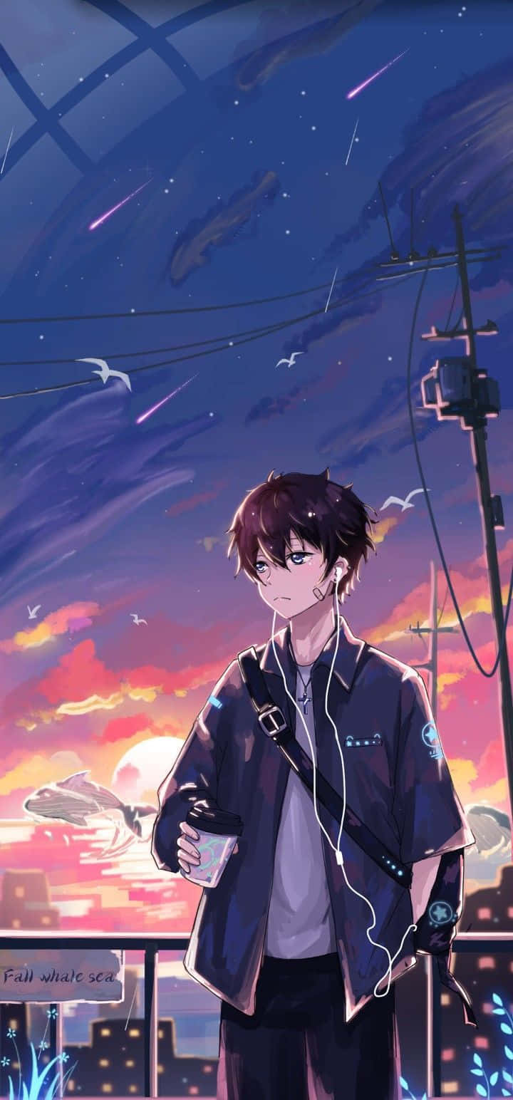 兩個可愛動漫男孩享受彼此陪伴 壁紙 — 一個年輕的動漫男孩在日落時站在屋頂上，手持飲料，流星劃過充滿活力的暮色天空。