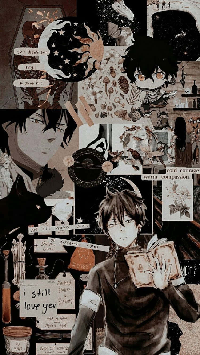 兩個可愛動漫男孩享受相處時光 壁紙 — 一張充滿氛圍的動漫拼貼畫，以角色、手寫語錄和自然圖案為特色，採用懷舊的棕褐色調。
