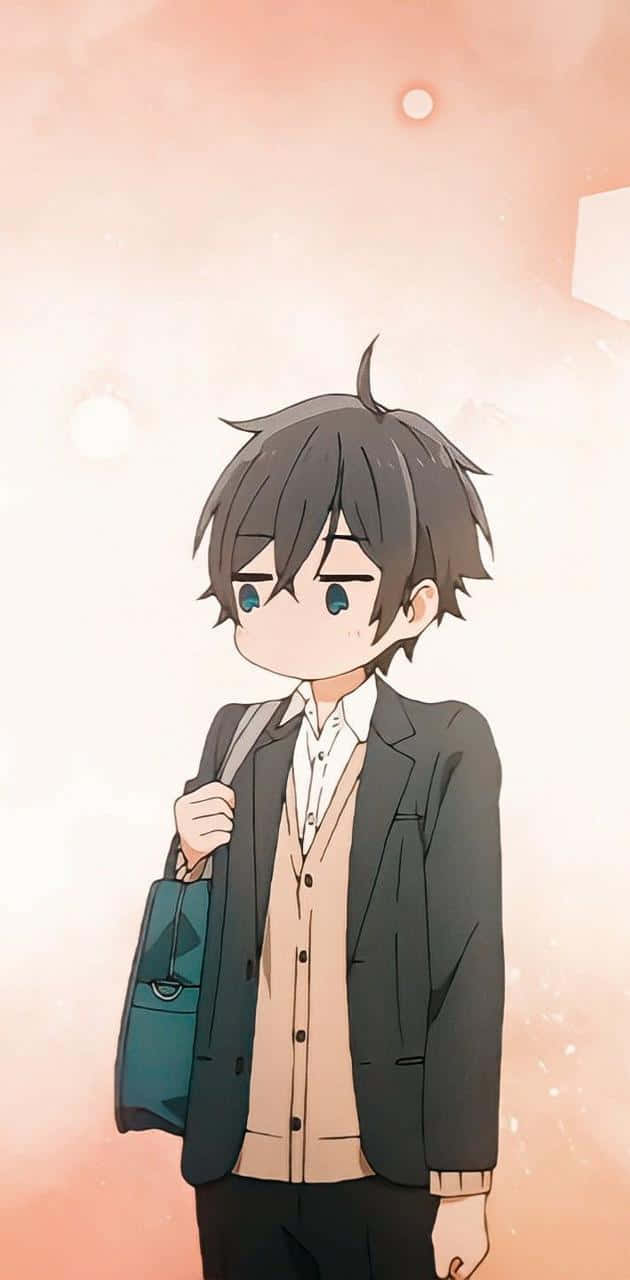 兩個可愛動漫男孩咯咯笑著 壁紙 — 一個年輕的動漫男孩，有著凌亂的黑髮和藍色的眼睛，站在柔和的桃色漸變背景前，拿著一個青綠色的袋子。
