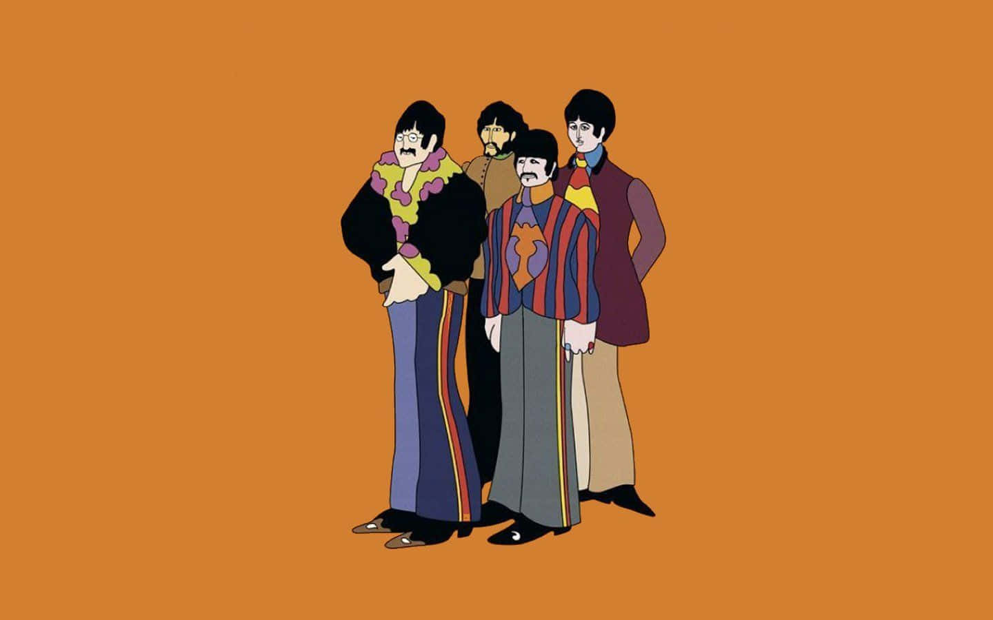 四個插圖男子穿著色彩繽紛的1960年代服裝，背景為橙色。