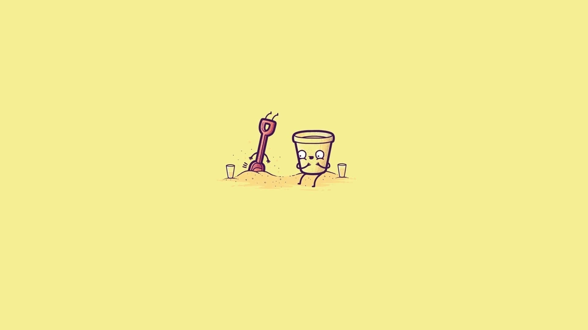 Minimalist Vintage 桌布 壁紙 — 兩個可愛嘅卡通沙灘玩具，一個有面孔嘅水桶同鏟，坐喺一堆沙上面，背景係純黃色。
