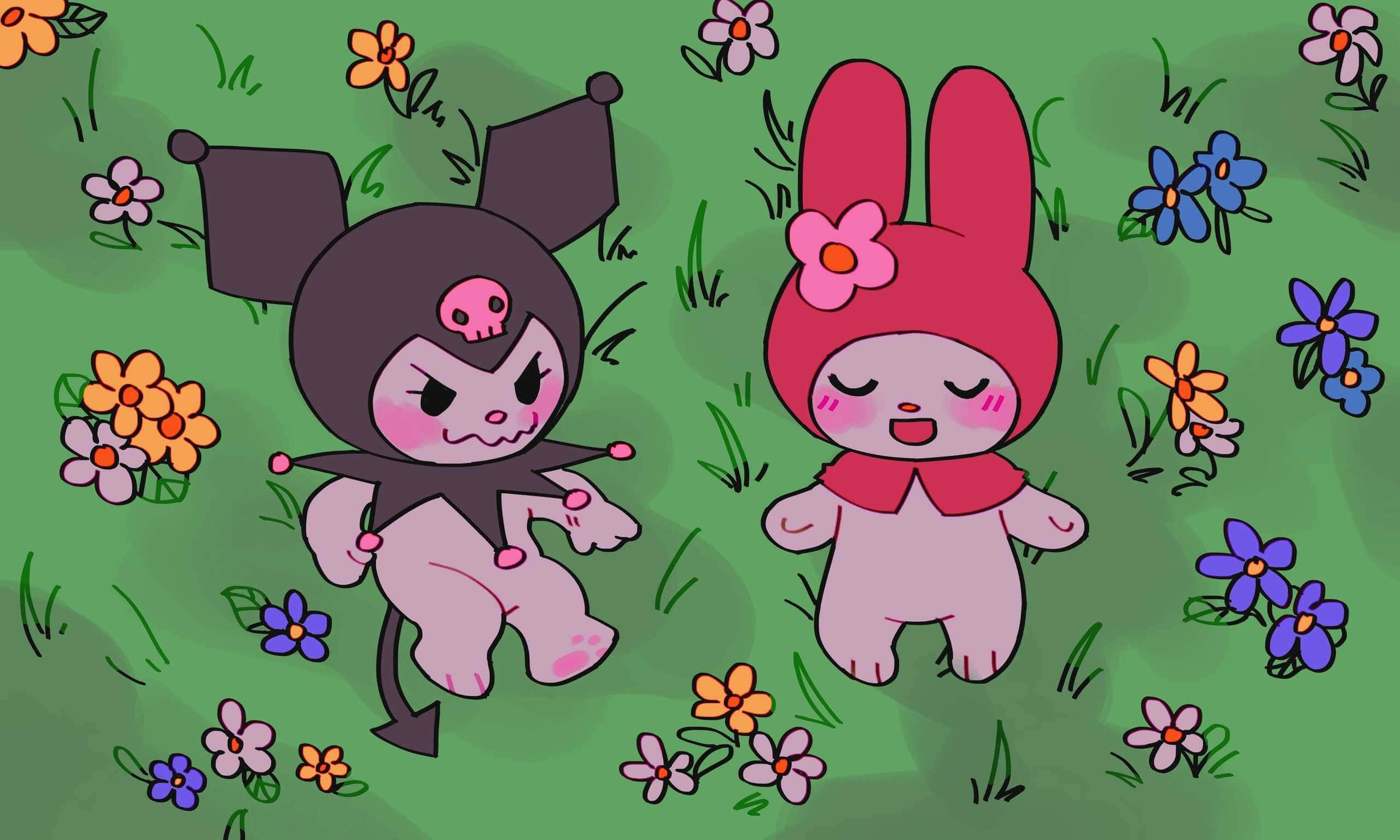 Kuromi And My Melody 桌布 壁紙 — 兩個可愛嘅卡通角色，一個戴住深色連帽衫有骷髏頭，一個係粉紅色兔仔有花，坐喺有彩色花嘅草地上。