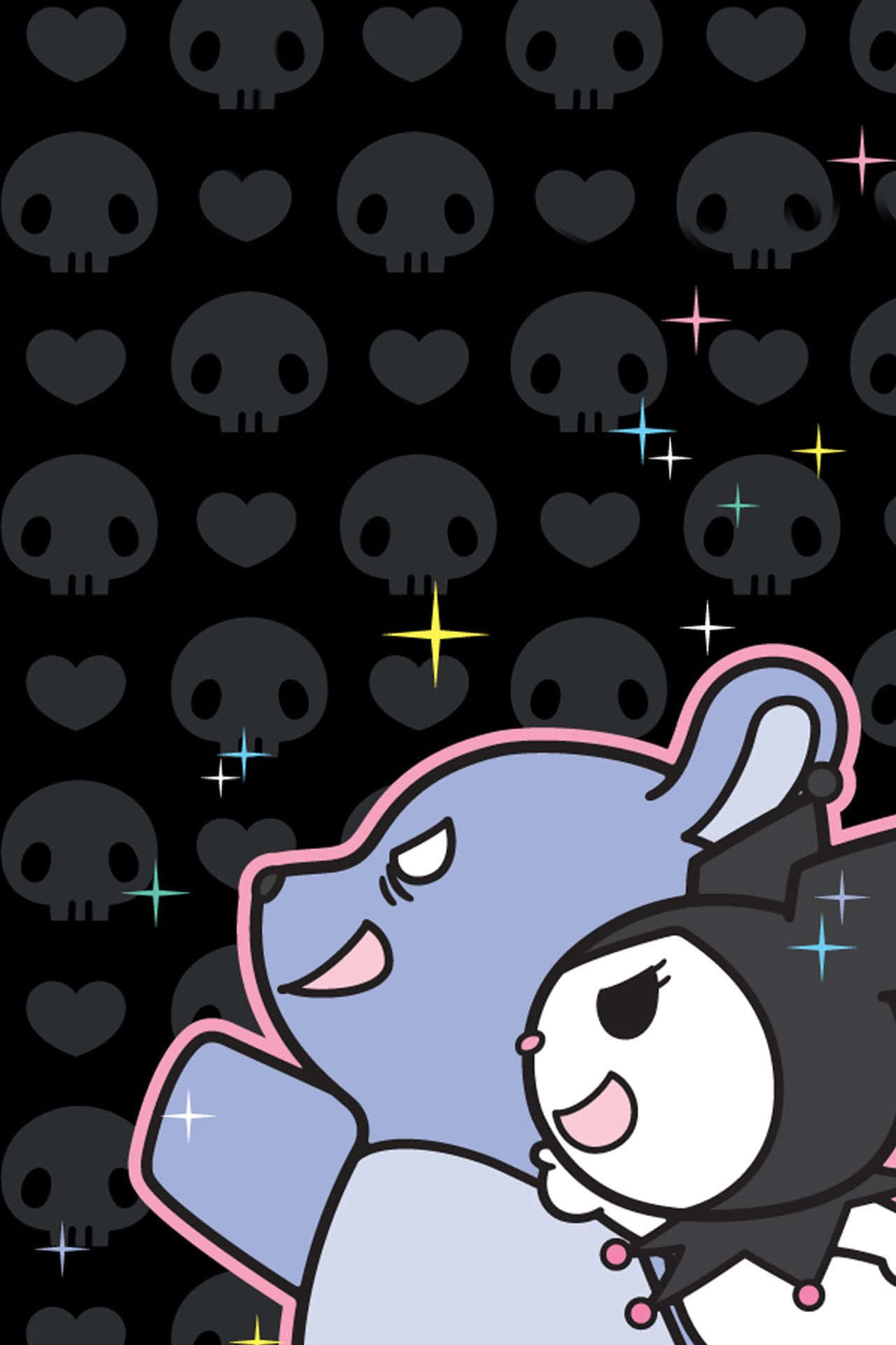 Kuromi Aesthetic 桌布 壁紙 — 兩個可愛嘅卡通角色，帶有骷髏頭同心形圖案，喺黑色背景上閃爍住色彩繽紛嘅星星。