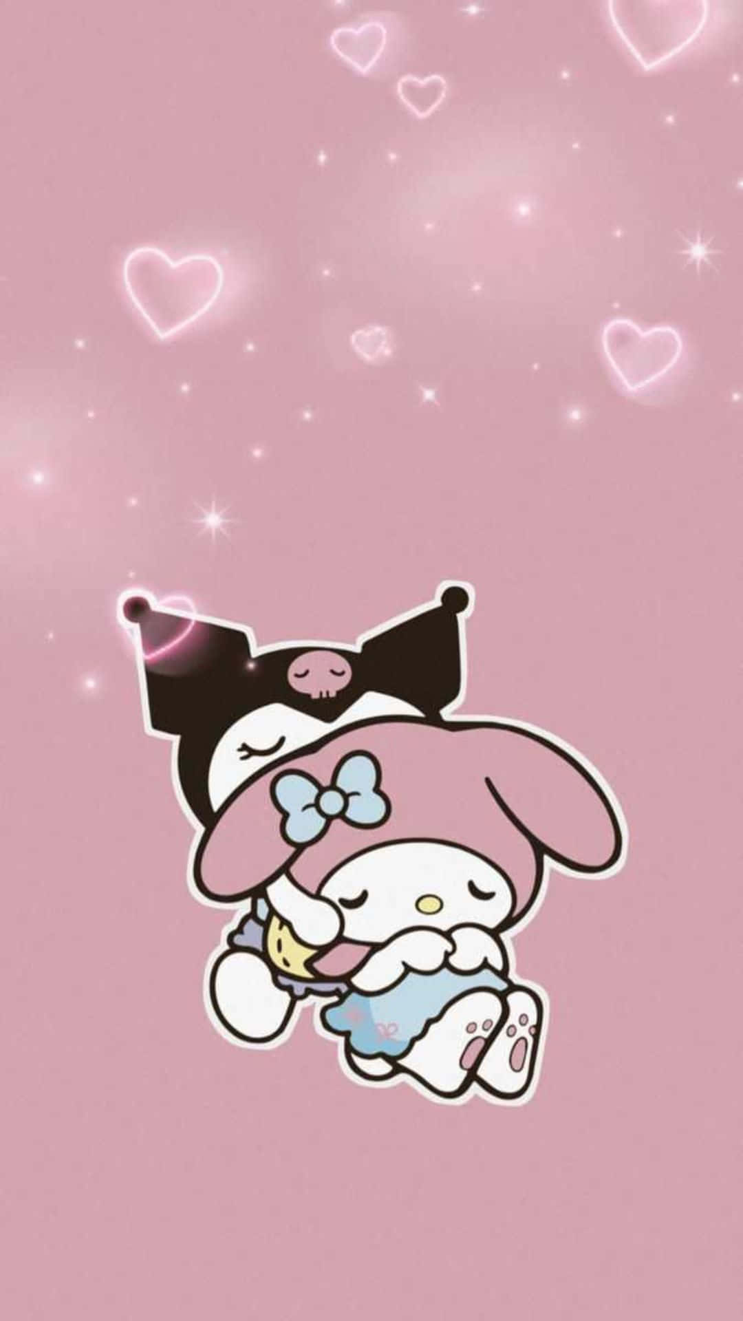 Kuromi And My Melody 桌布 壁紙 — 兩個可愛嘅卡通角色喺柔軟嘅粉紅色背景上依偎，周圍有發光嘅心形同閃爍效果。