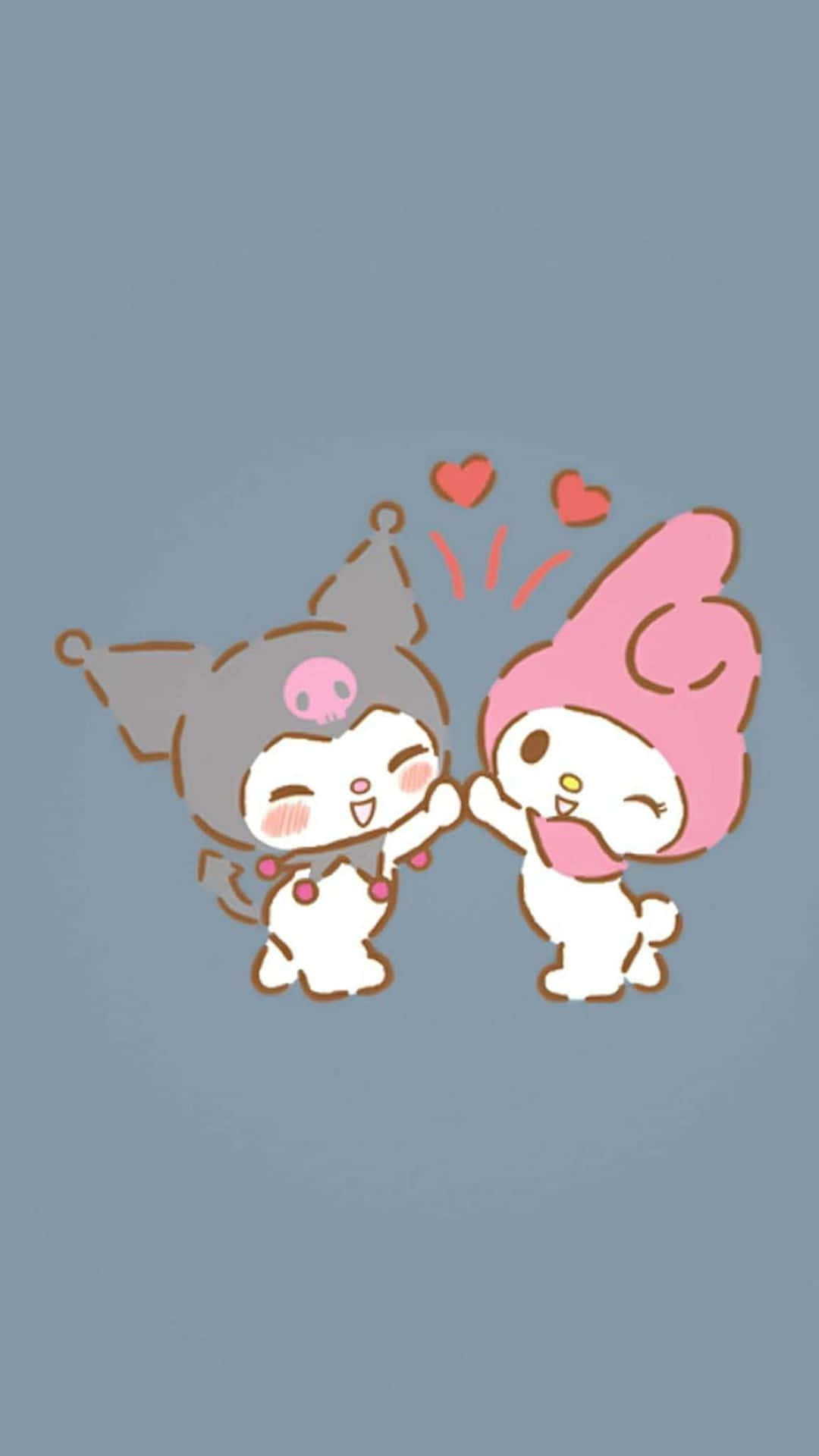 Kuromi And My Melody 桌布 壁紙 — 兩個可愛嘅卡通角色戴住粉紅色同灰色帽，開心咁擊掌，仲有浮動嘅心心喺純藍色背景上面。