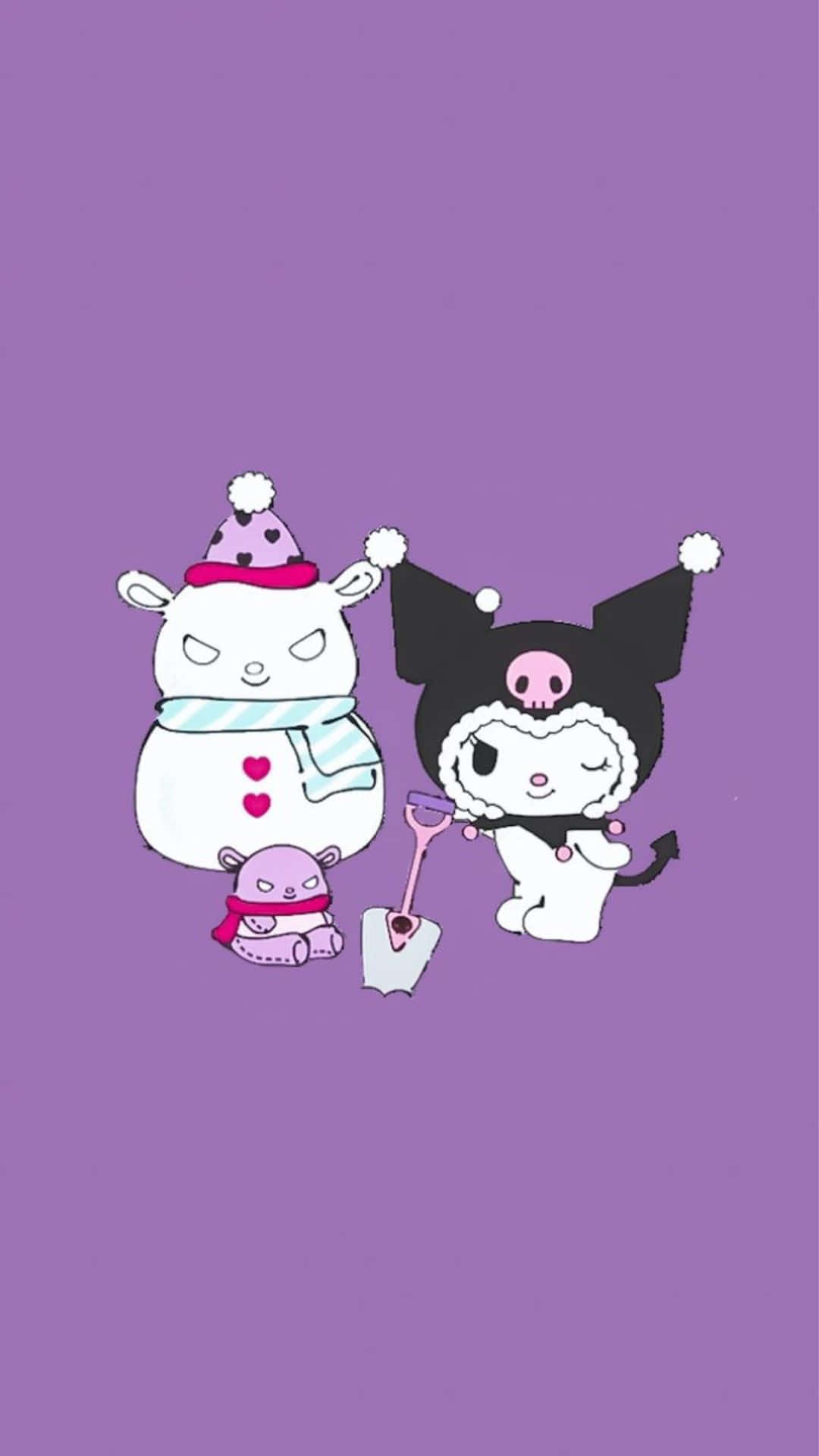 Kuromi Christmas 桌布 壁紙 — 兩個可愛嘅卡通角色着住冬天裝備，喺純紫色背景前玩住咁整雪人。