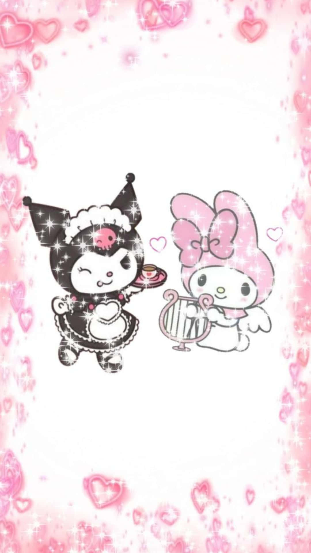 Kuromi And My Melody 桌布 壁紙 — 兩個可愛的Sanrio角色Kuromi和My Melody在閃閃發光的粉紅色心形框架中，背景是閃爍的心形圖案。