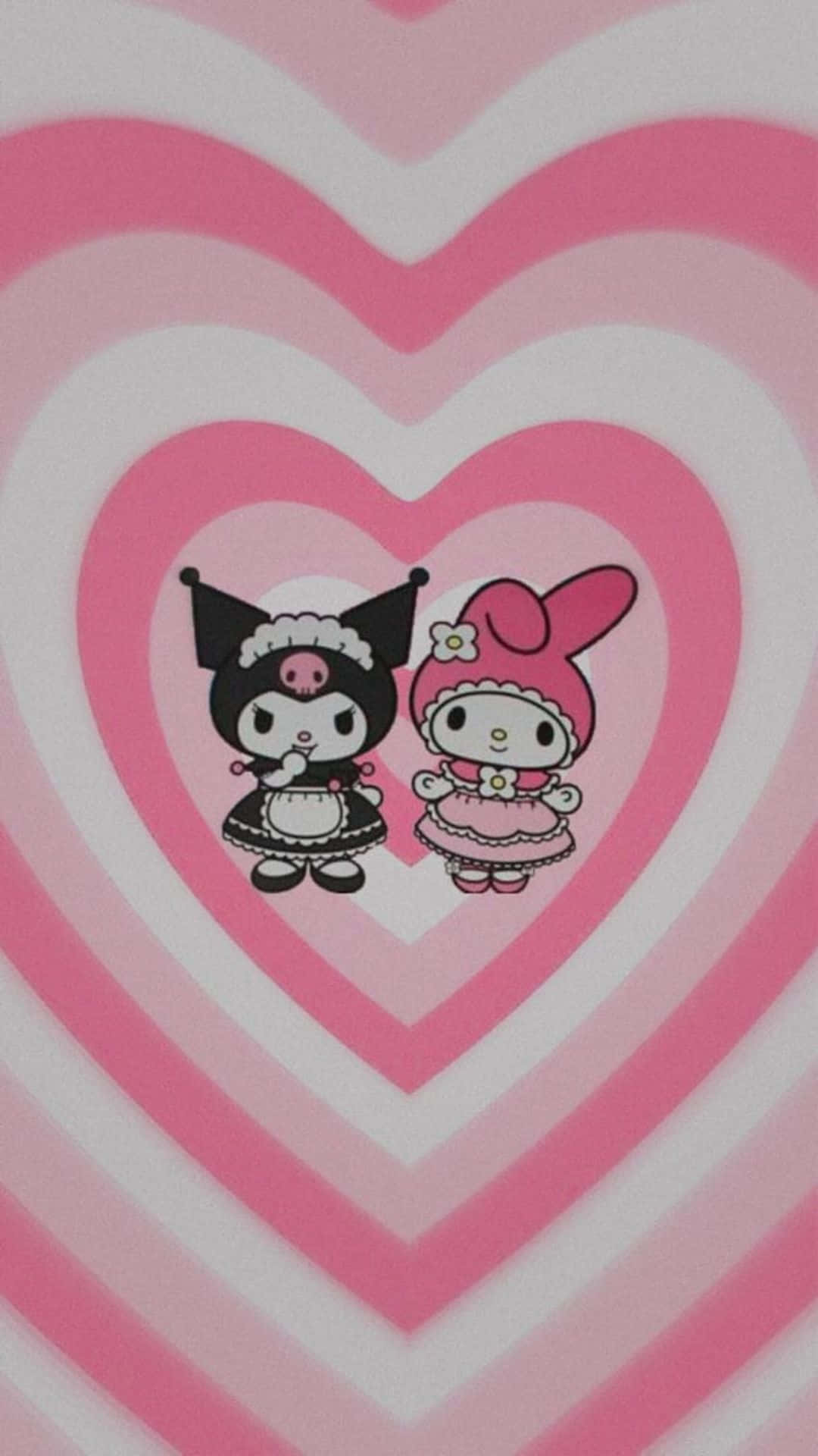 Kuromi And My Melody 桌布 壁紙 — 兩個可愛的Sanrio角色一起站在柔軟背景上的分層粉紅色心形圖案內。