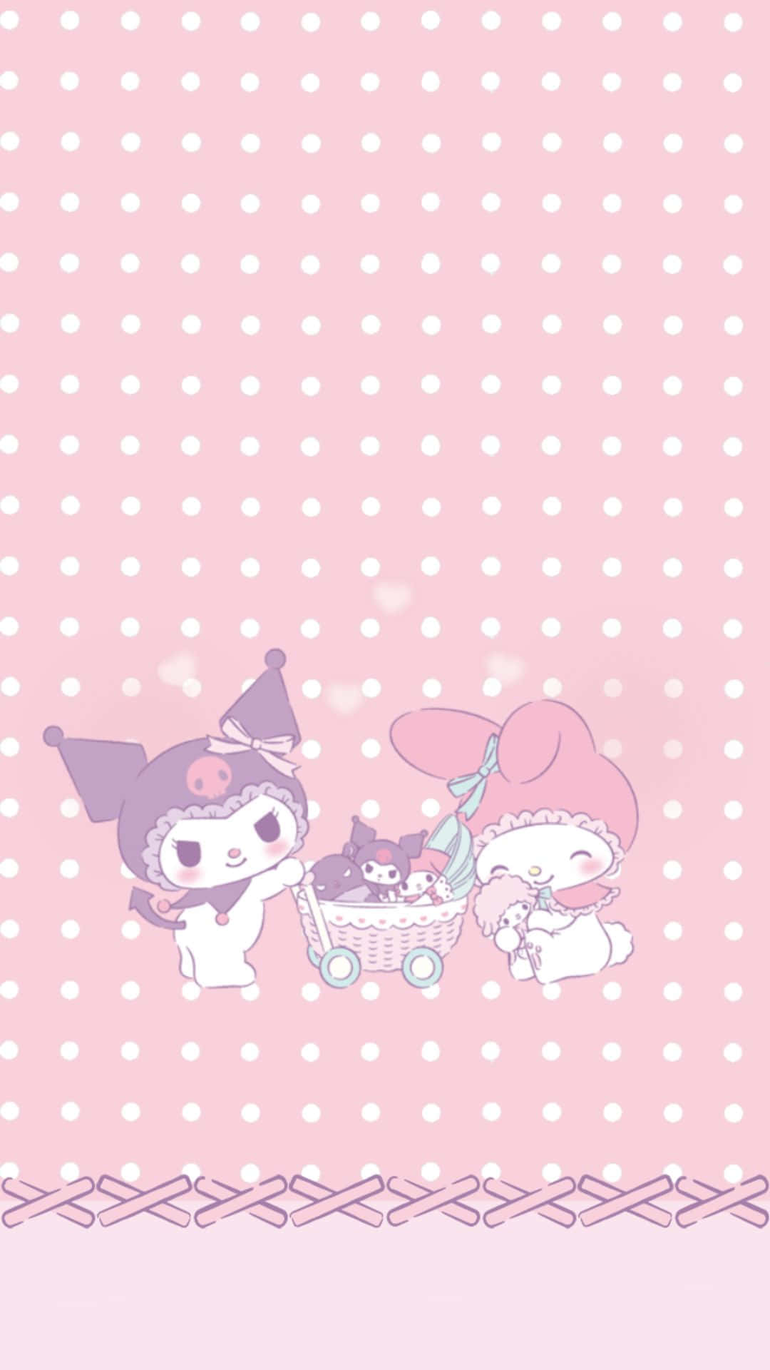Kuromi And My Melody 桌布 壁紙 — 兩個可愛的Sanrio角色在粉紅色圓點背景上推著一輛載有三隻小貓的嬰兒車。