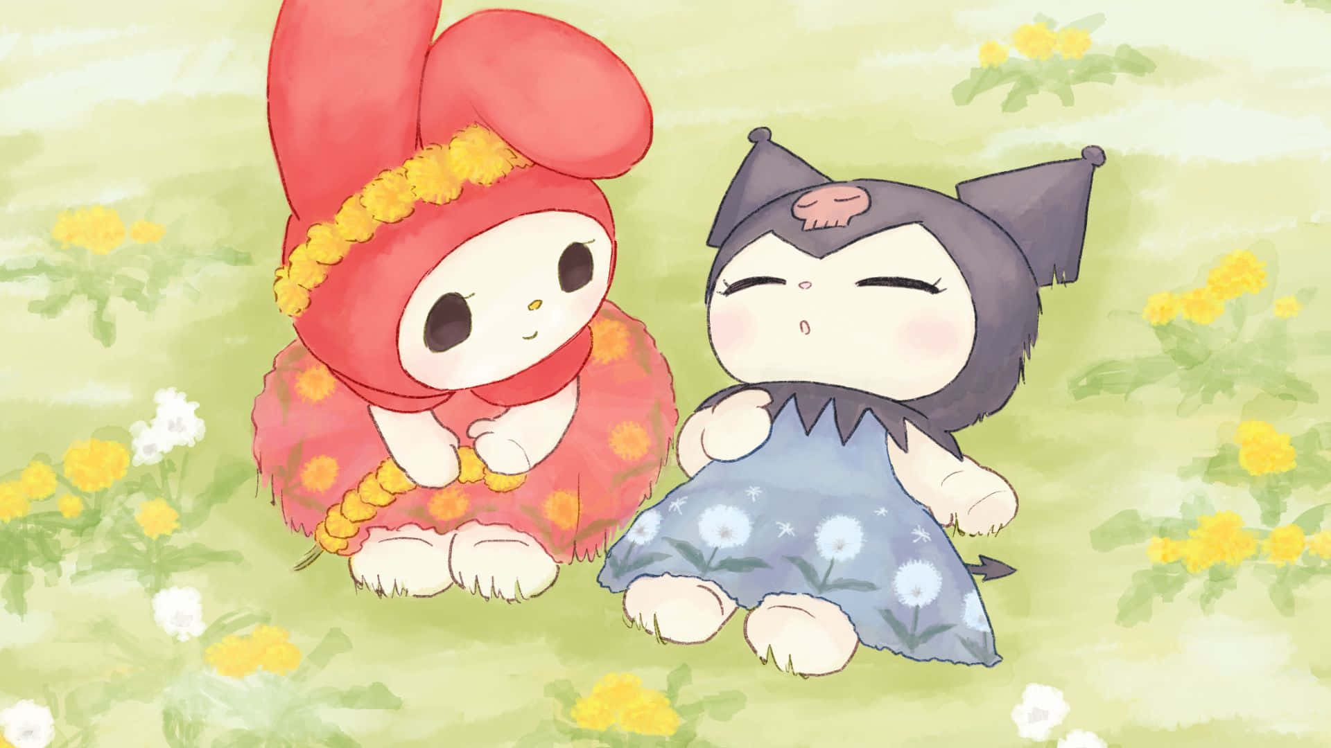 Kuromi And My Melody 桌布 壁紙 — 兩個可愛的動漫角色 My Melody 和 Kuromi 一起坐在一片黃白花朵的田野中，下方是柔軟的綠草。