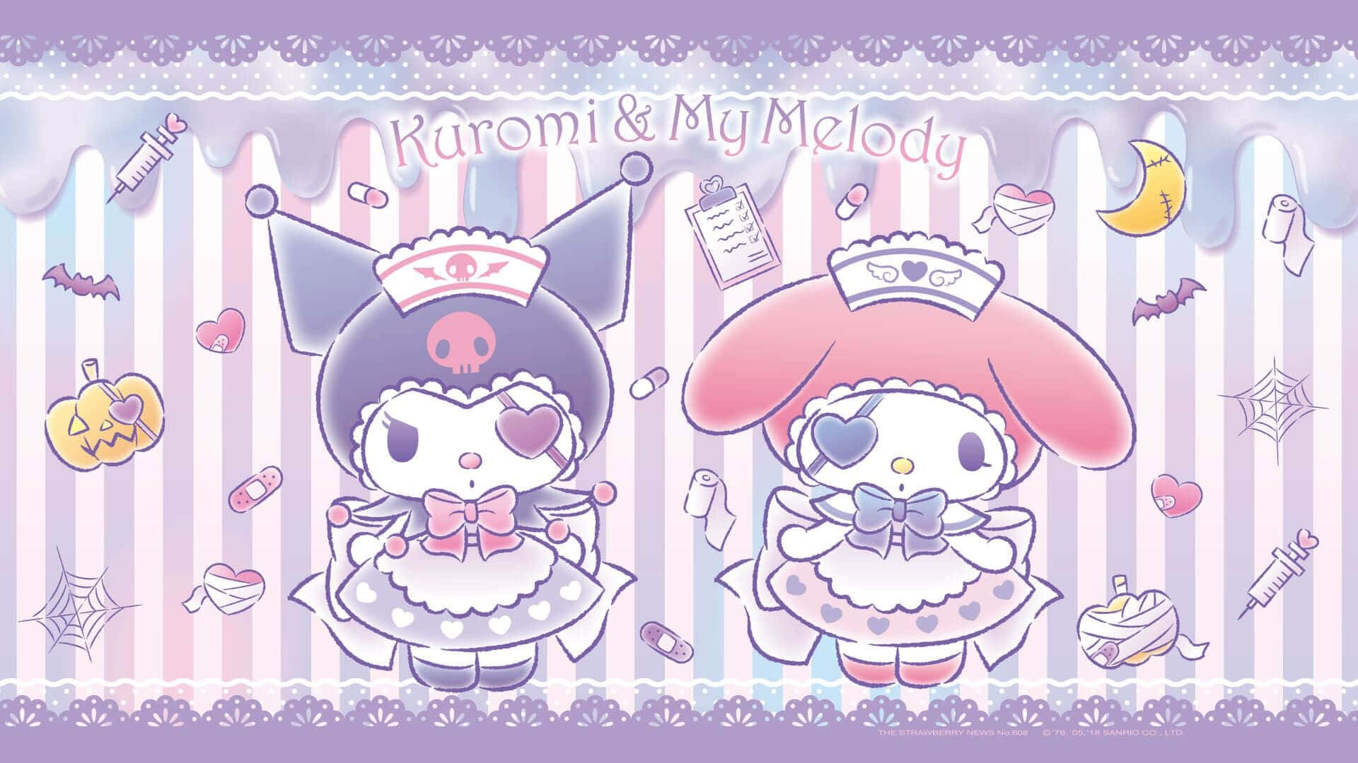 Kuromi And My Melody 桌布 壁紙 — 兩個可愛的動漫角色打扮成護士，在粉彩條紋背景上帶有萬聖節主題裝飾。