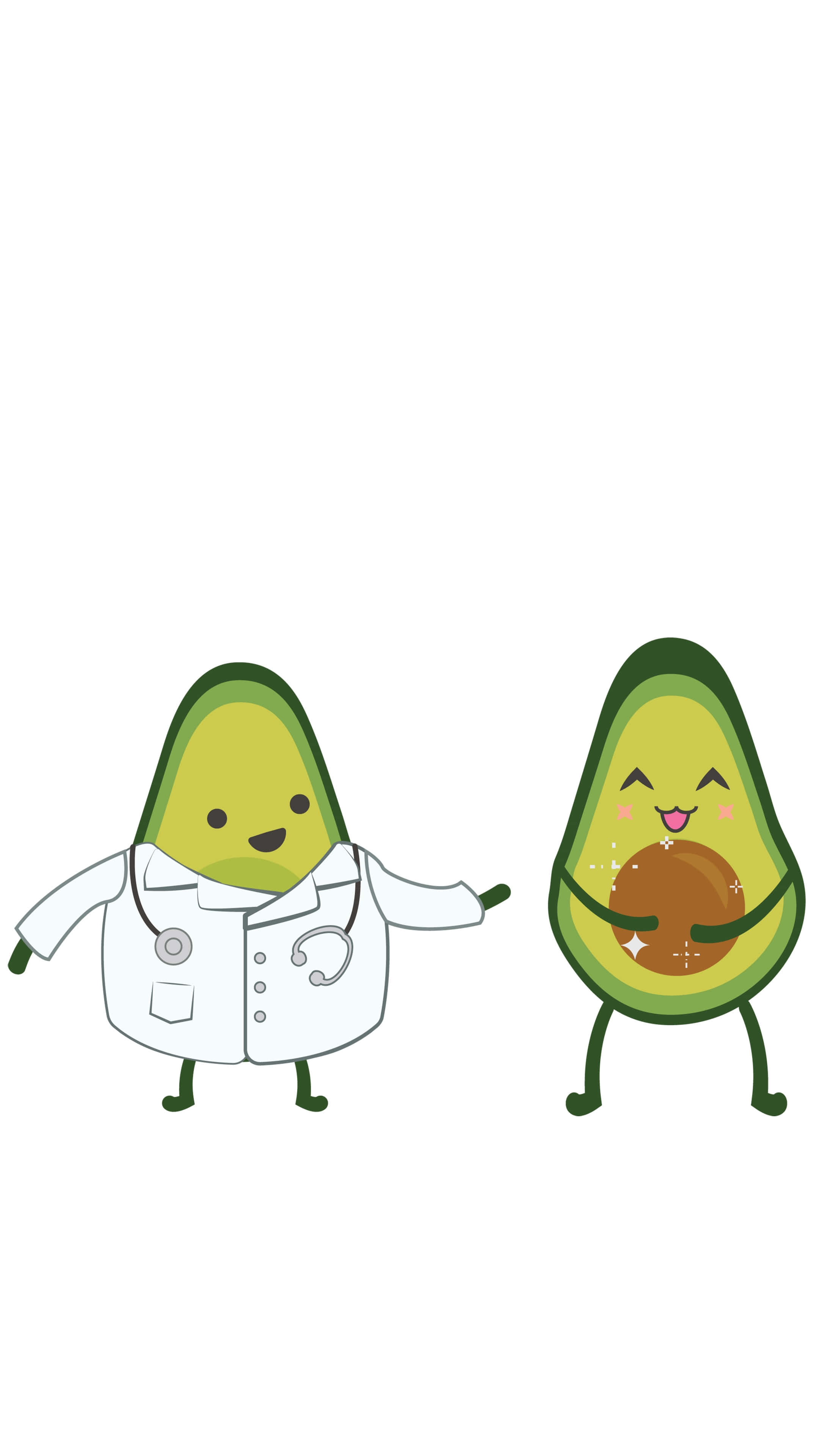 Cute Avocado 桌布 壁紙 — 兩個可愛的卡通牛油果，一個打扮成醫生帶著聽診器，另一個拿著發光的果核帶有閃光。