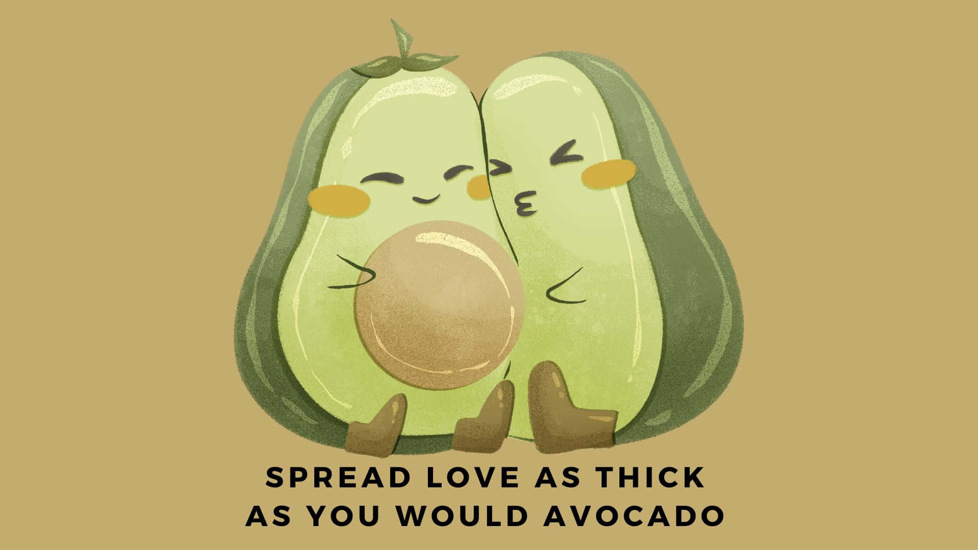 Cute Avocado 桌布 壁紙 — 兩個可愛的卡通牛油果半邊在米色背景上閉著眼睛、臉紅地擁抱。
