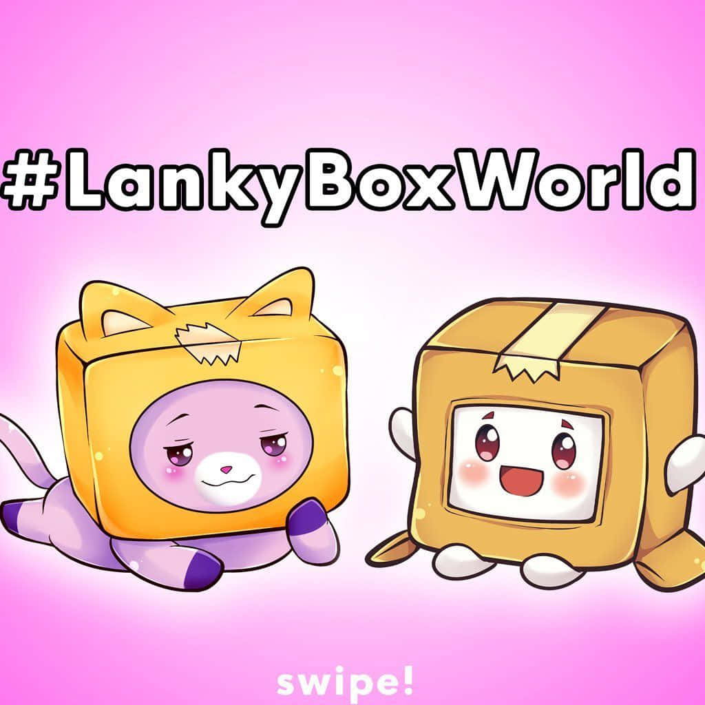 Lankybox 桌布 壁紙 — 兩個可愛的卡通盒子角色，帶有貓耳朵和臉孔，在柔和的粉紅色漸變背景上微笑。