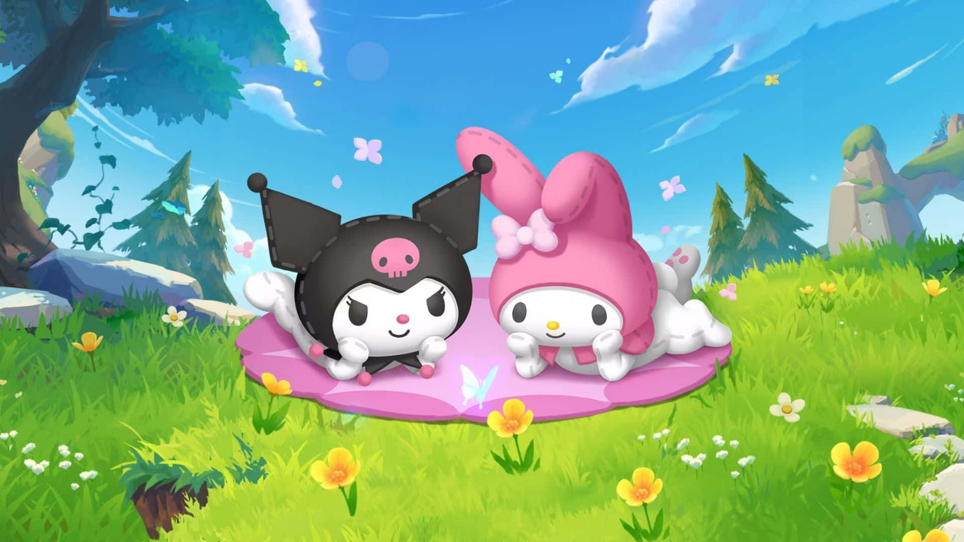 Kuromi And My Melody 桌布 壁紙 — 兩個可愛的卡通角色 Kuromi 和 My Melody 在明亮的藍天下，於充滿活力的草地上的一個粉紅色墊子上放鬆。