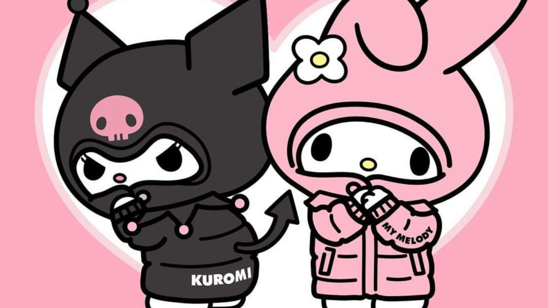 Kuromi And My Melody 桌布 壁紙 — 兩個可愛的卡通角色Kuromi和My Melody並肩站在柔和的粉紅色背景前，背景有白色心形輪廓。