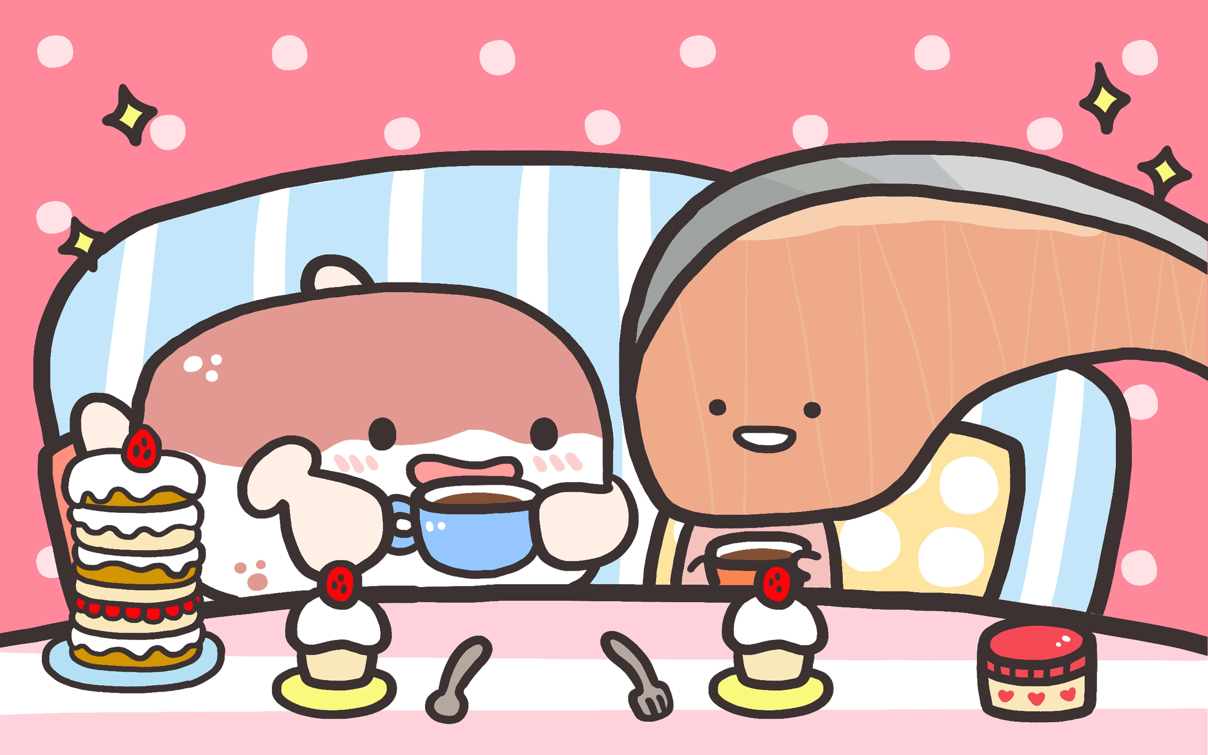Kawaii Japanese Food 桌布 壁紙 — 兩個可愛的卡通角色在粉紅色圓點沙發上享用茶和蛋糕，帶有閃光效果。