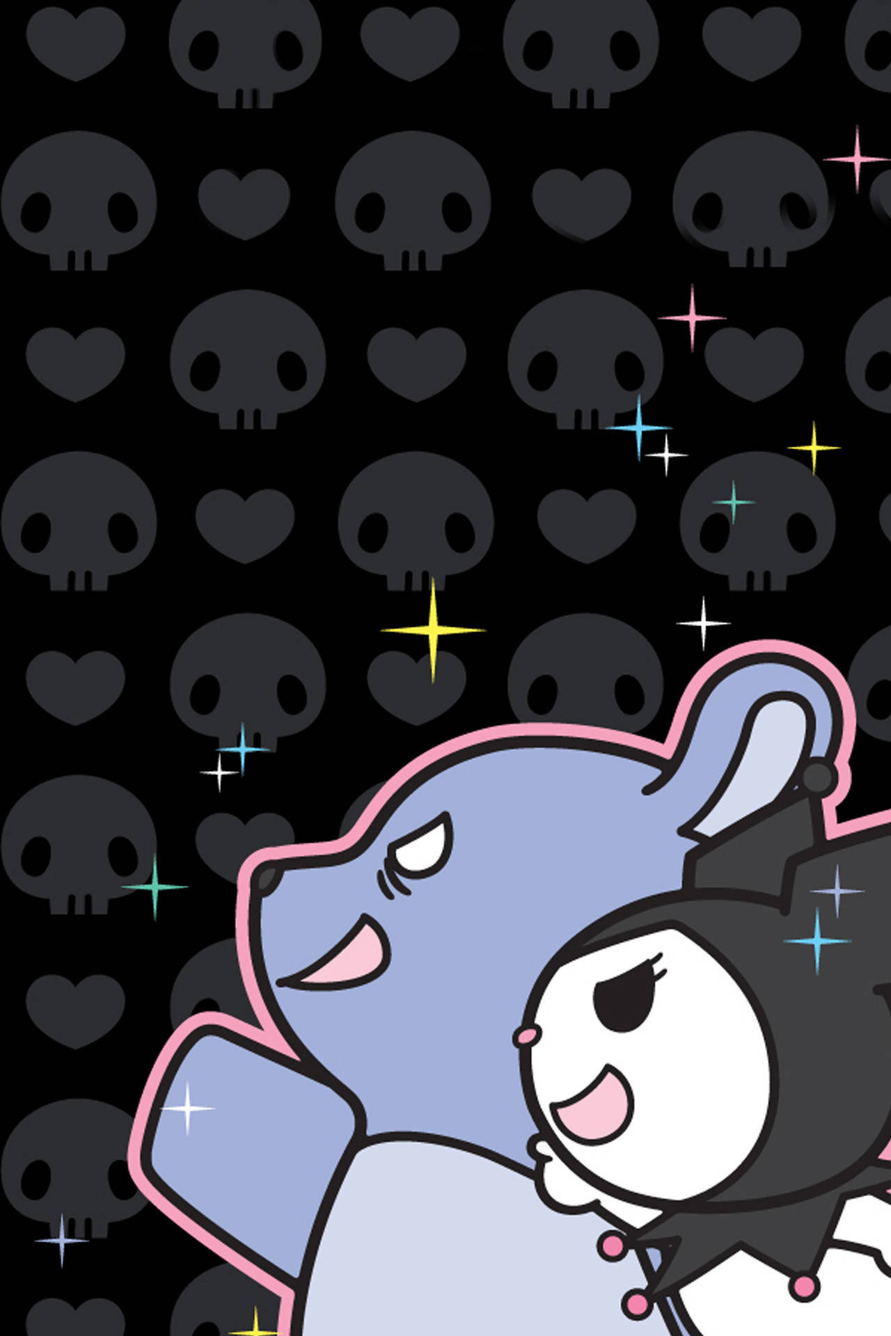 Pastel Goth Kuromi 壁紙 — 兩個可愛的卡通角色帶有骷髏和心形圖案，在深色背景上閃閃發光。