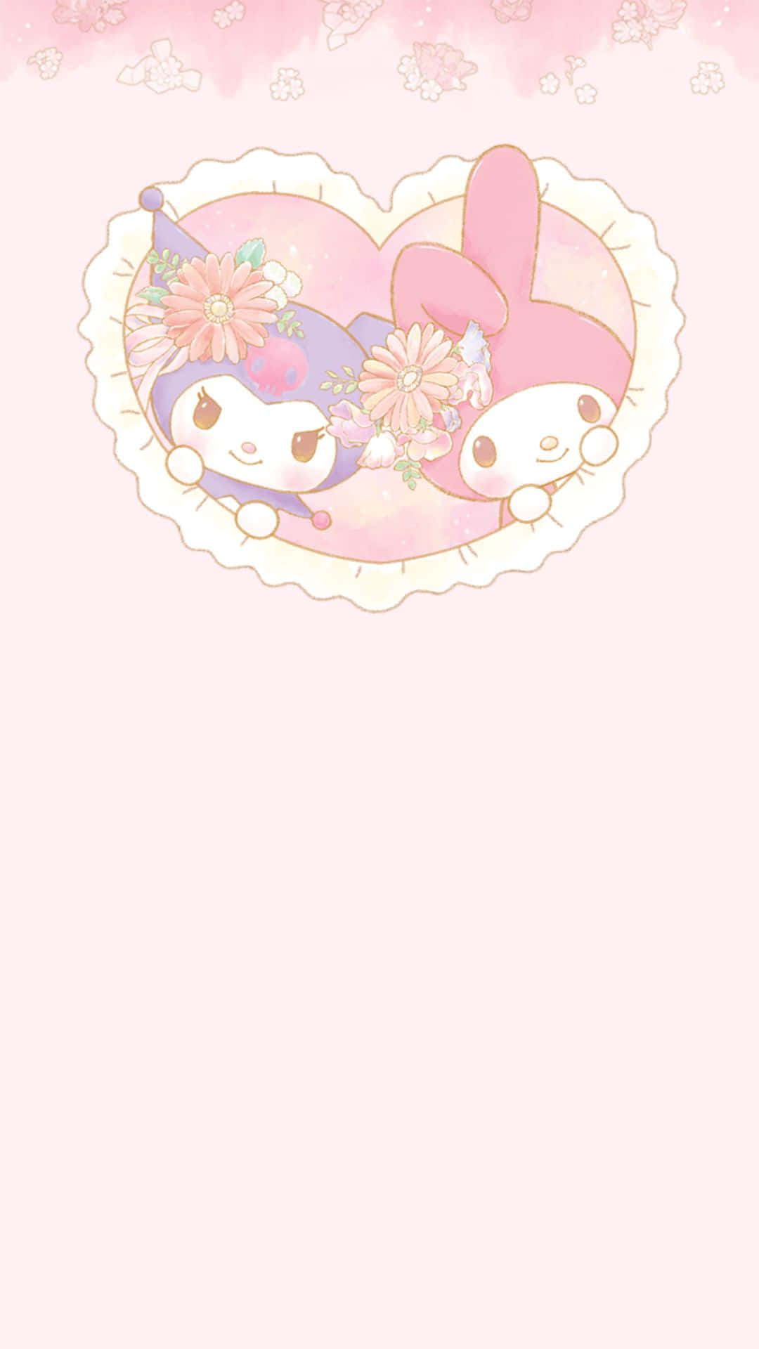 Kuromi And My Melody 桌布 壁紙 — 兩個可愛的卡通角色從一個心形框架中探出頭來，框架上裝飾著花朵，背景是柔和的粉紅色。