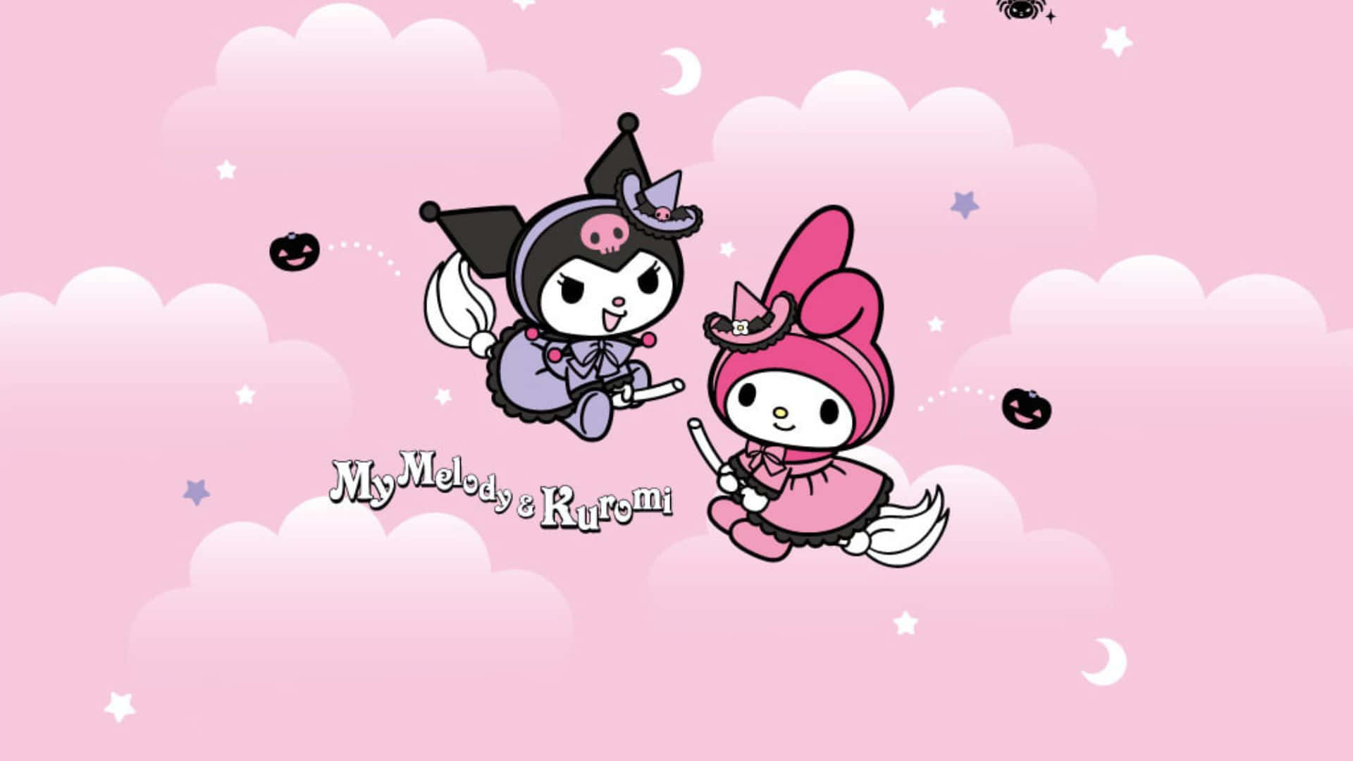 Kuromi And My Melody 桌布 壁紙 — 兩個可愛的卡通角色騎著掃帚飛過佈滿雲朵、星星和彎月的粉紅色天空。