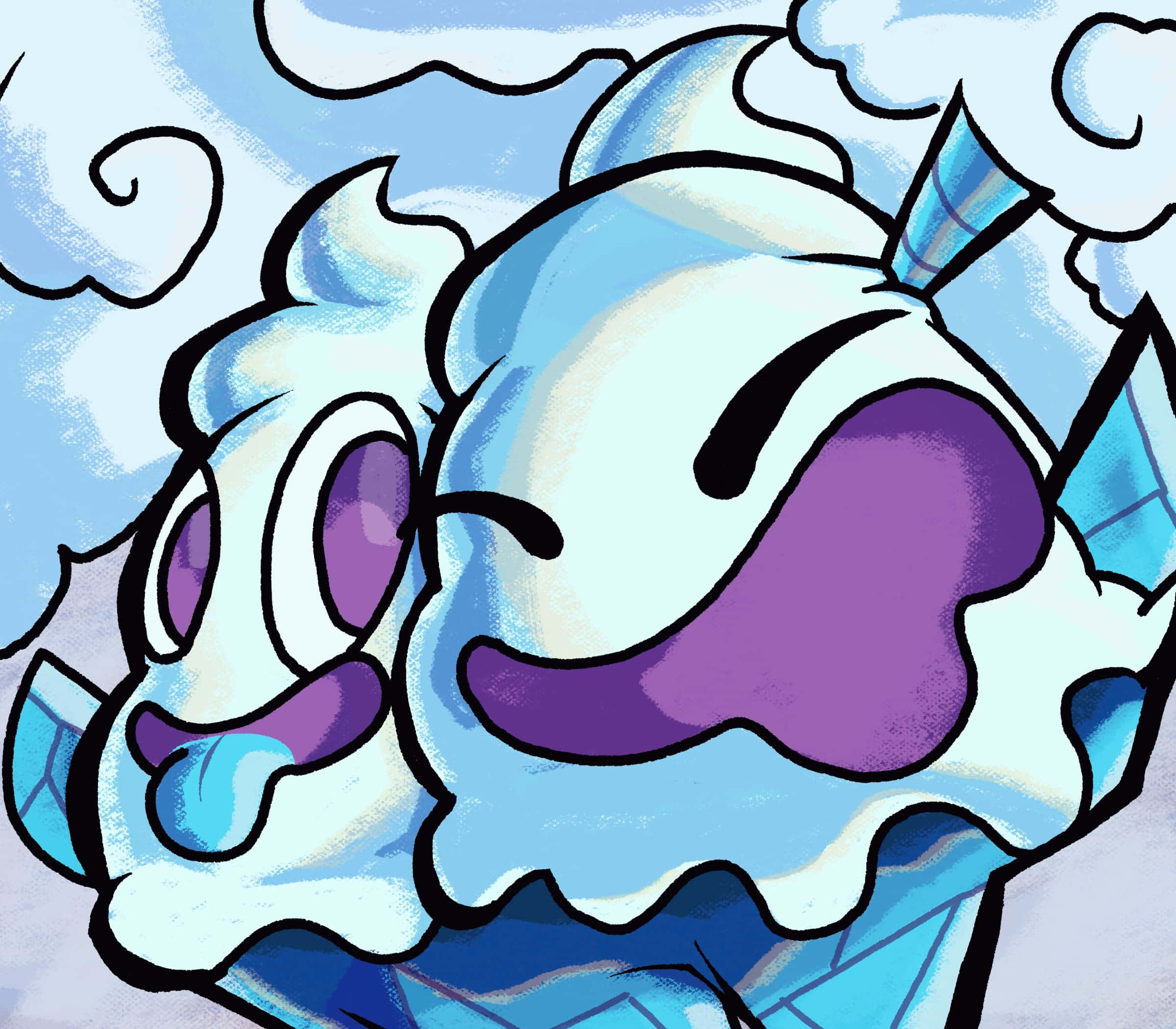 遊戲 桌布 壁紙 — 兩個可愛的卡通雪糕角色，有紫色眼睛和藍色漩渦，在陰天背景上快樂地微笑。