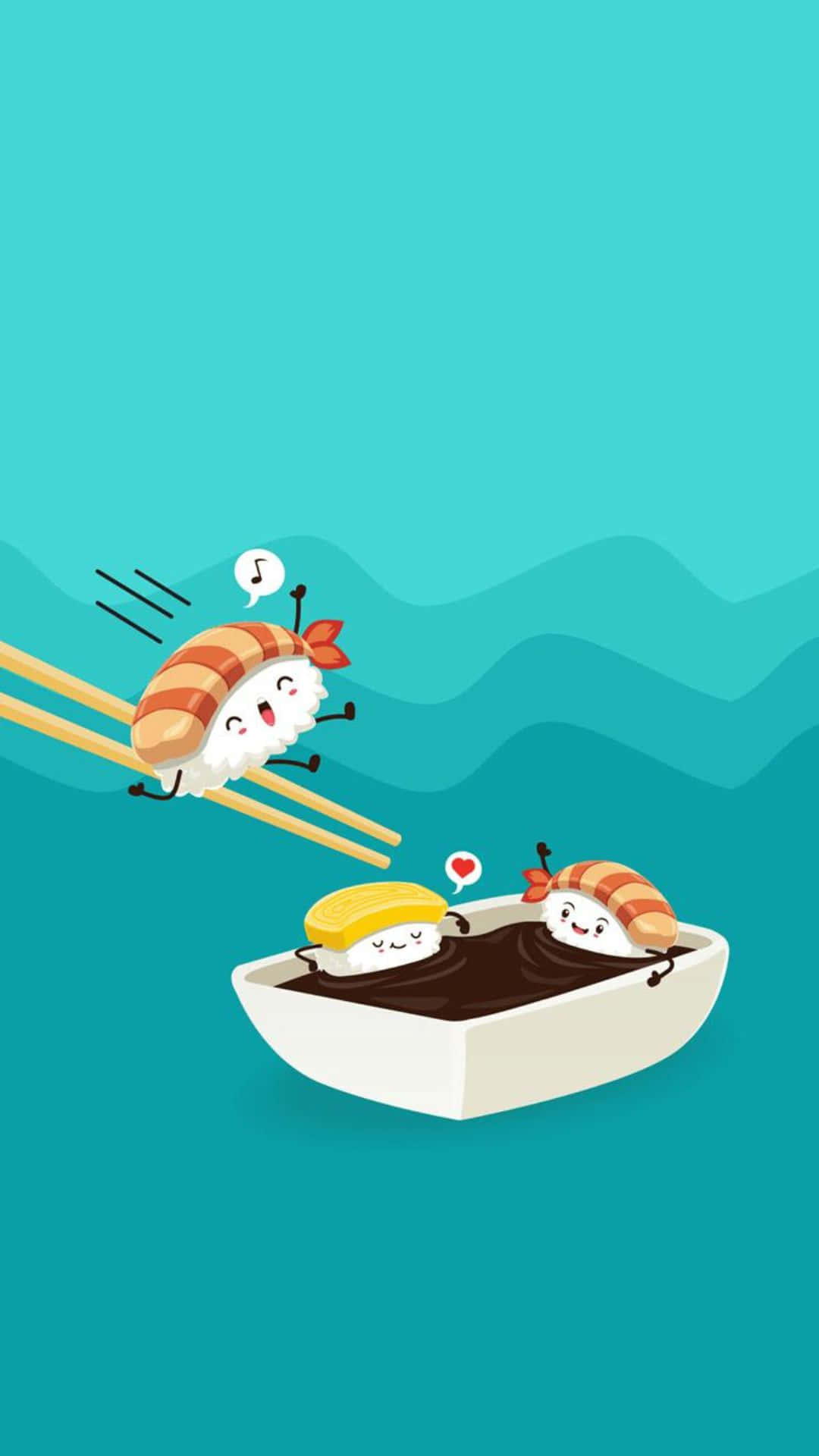 Kawaii Japanese Food 桌布 壁紙 — 兩個可愛的壽司角色，一個在筷子上面，另一個在醬油船裏，分享著歡樂的時刻，伴有音符和心心符號。