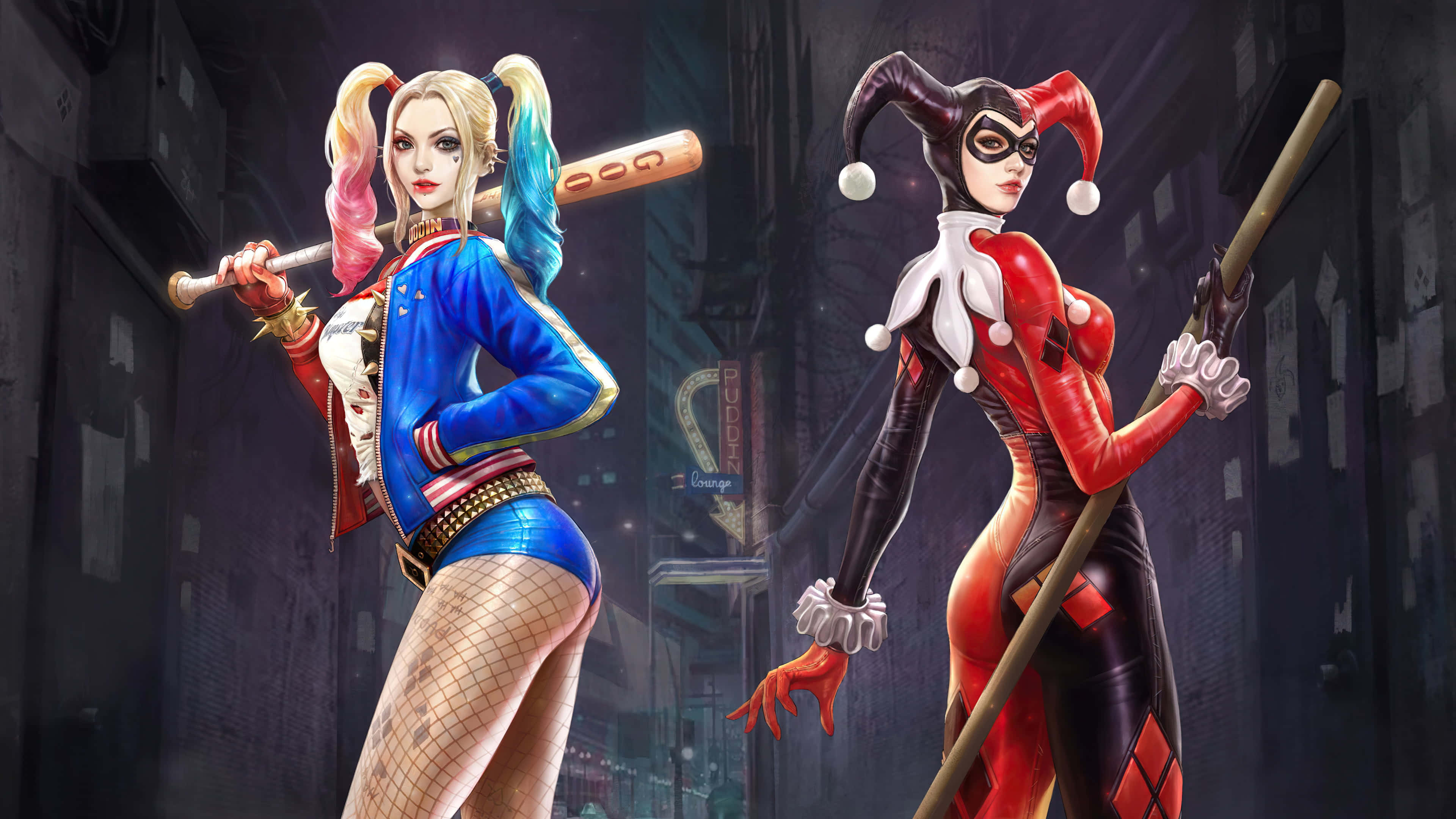 Harley Quinn Baseball Bat 桌布 壁紙 — 兩個哈莉·奎茵角色自信地企喺霓虹燈照亮嘅城市後巷，揸住棒球棍。