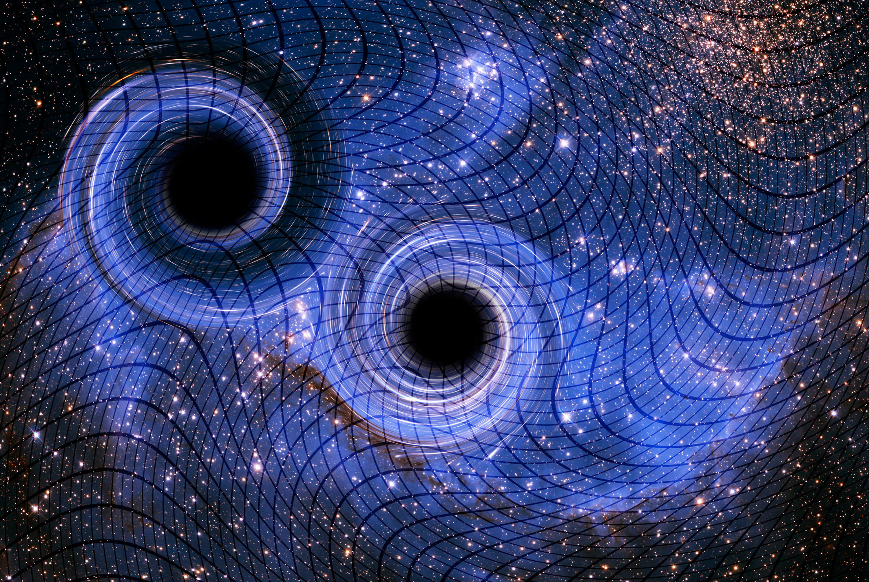Gravitational Waves 桌布 壁紙 — 兩個在深空軌道上運行的黑洞，在星空的背景下，用發光的藍色漣漪扭曲了周圍的時空。