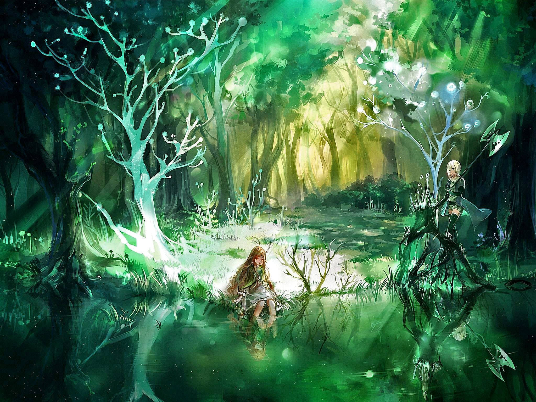 女孩 桌布 壁紙 — 兩個奇幻人物坐在神秘的綠色森林中，樹木發光，空靈的光線透過樹冠灑落。