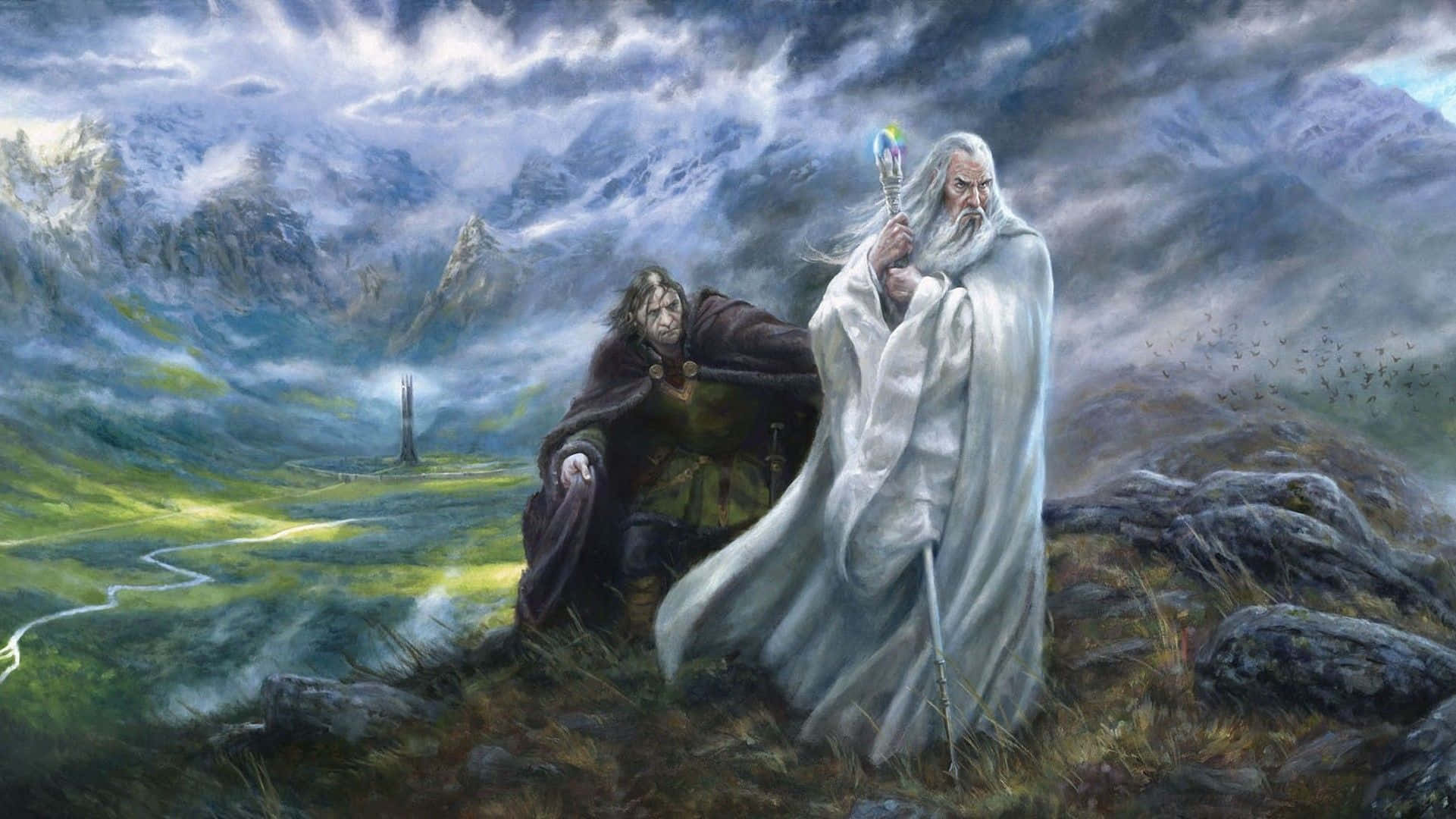 魔戒 桌布 壁紙 — 兩個奇幻人物站在霧氣瀰漫的山脊上，俯瞰著一個山谷，遠處有一座塔樓，天空風雨交加。
