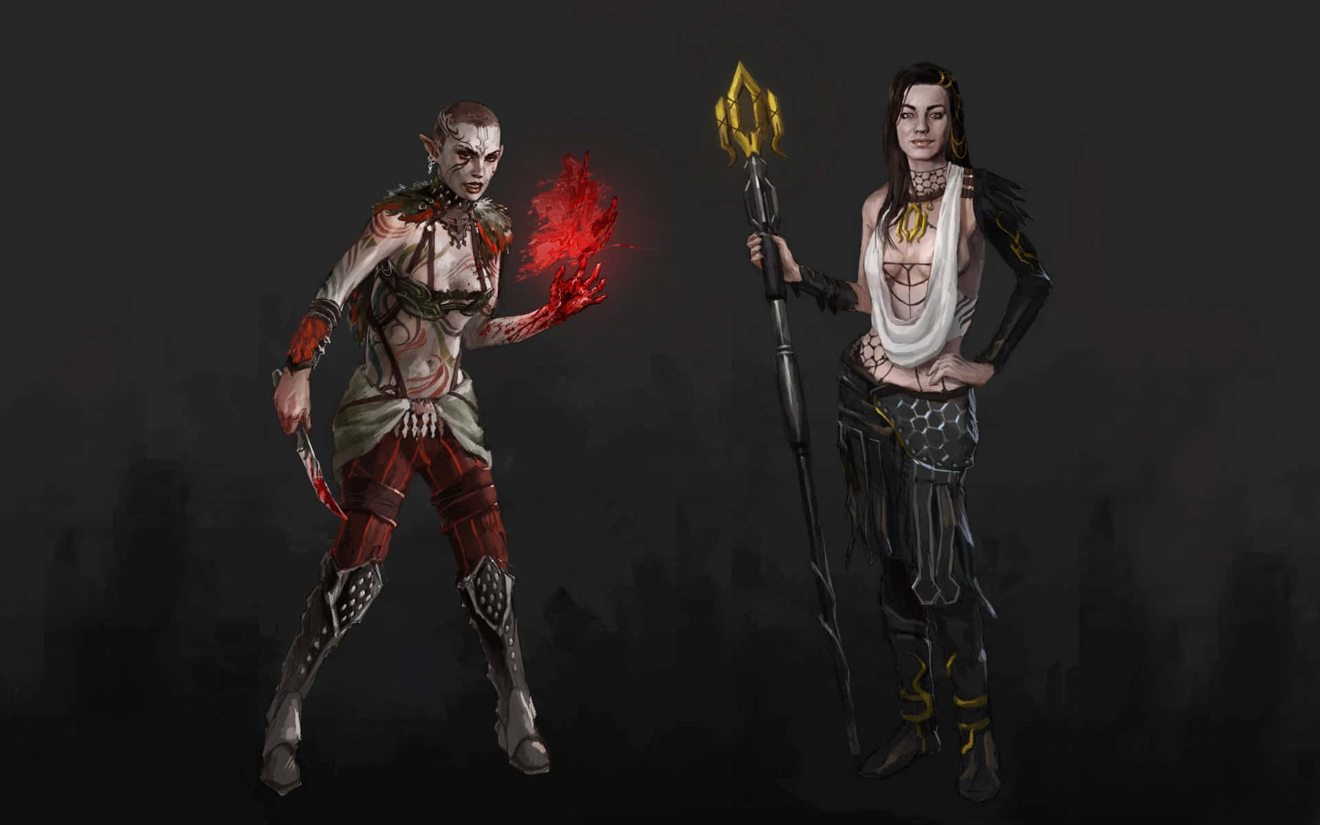 Mass Effect Characters 桌布 壁紙 — 兩個奇幻戰士蓄勢待發，一個揮舞著發光的紅色火焰，另一個手持金色尖頭法杖，背景黑暗煙霧繚繞。