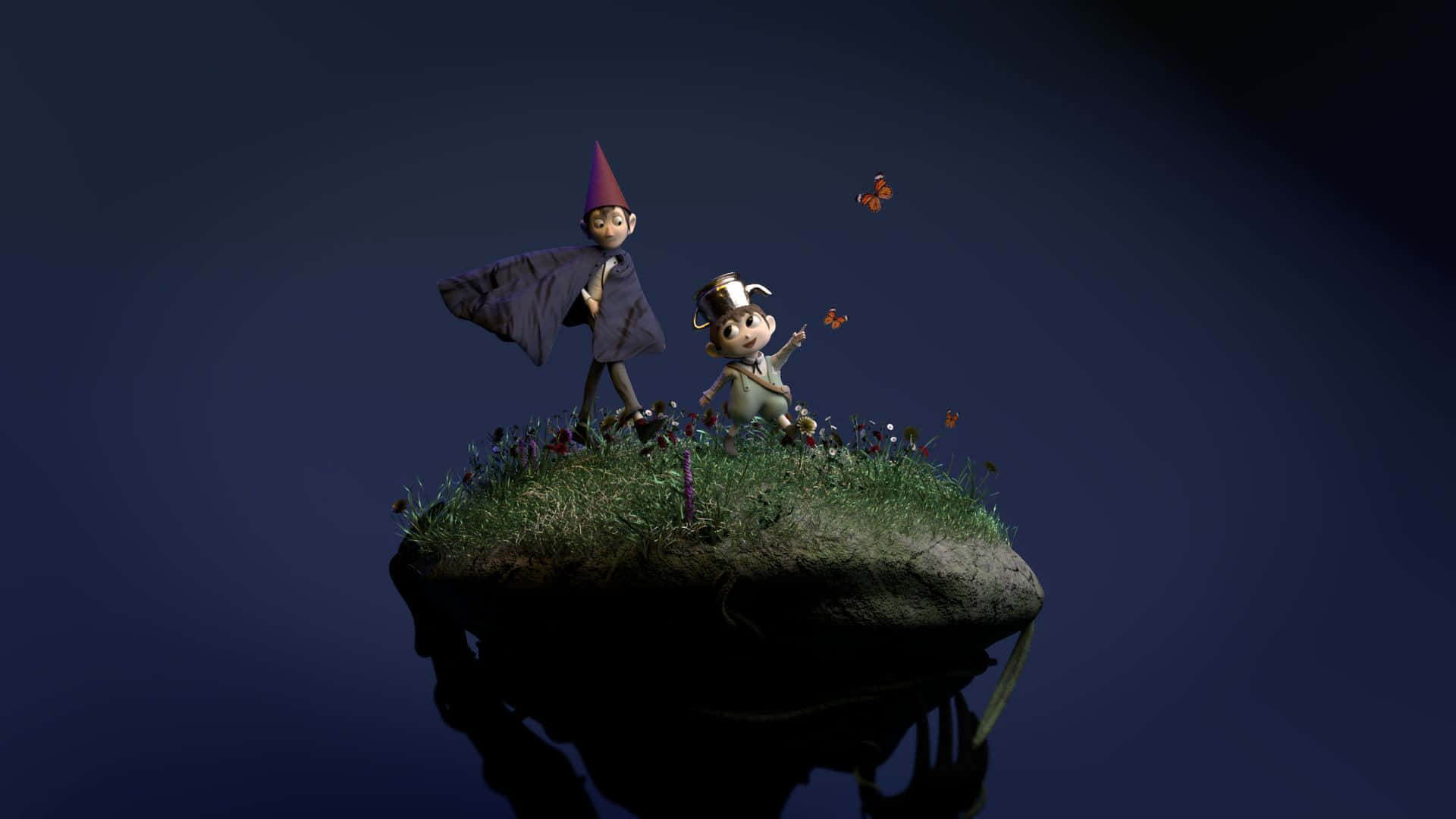 over the garden wall 桌布 壁紙 — 兩個奇幻的動畫角色站在一個長滿苔蘚的浮島上，蝴蝶在他們周圍飛舞，背景是深藍色。