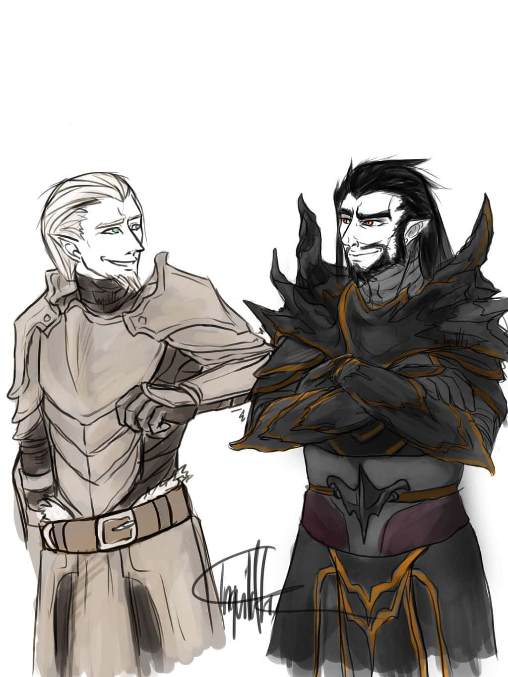 Skyrim Brynjolf 桌布 壁紙 — 兩個奇幻角色，一個穿著輕甲微笑，另一個穿著暗色尖刺盔甲冷笑，背景為白色。