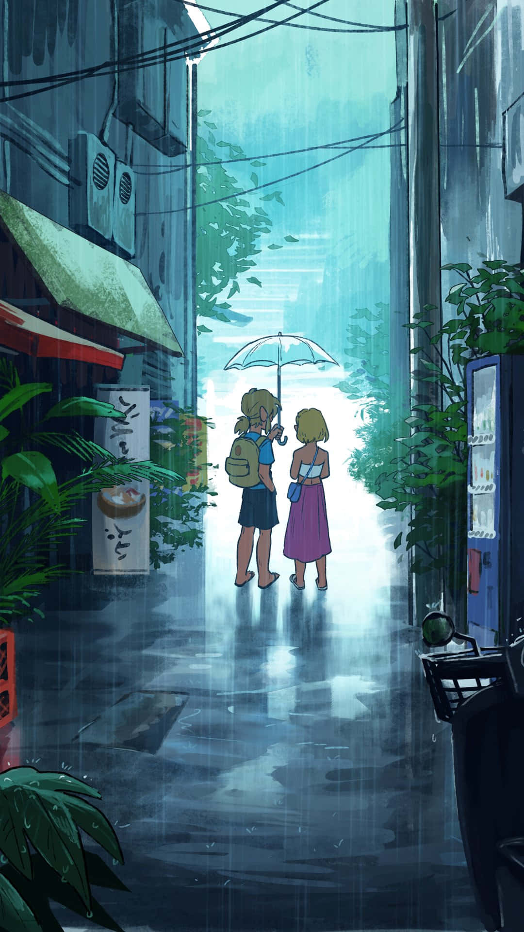 Botw 桌布 壁紙 — 兩個女孩共用一把淺藍色雨傘，沿著建築物之間潮濕的後巷走，周圍有茂密的綠植。