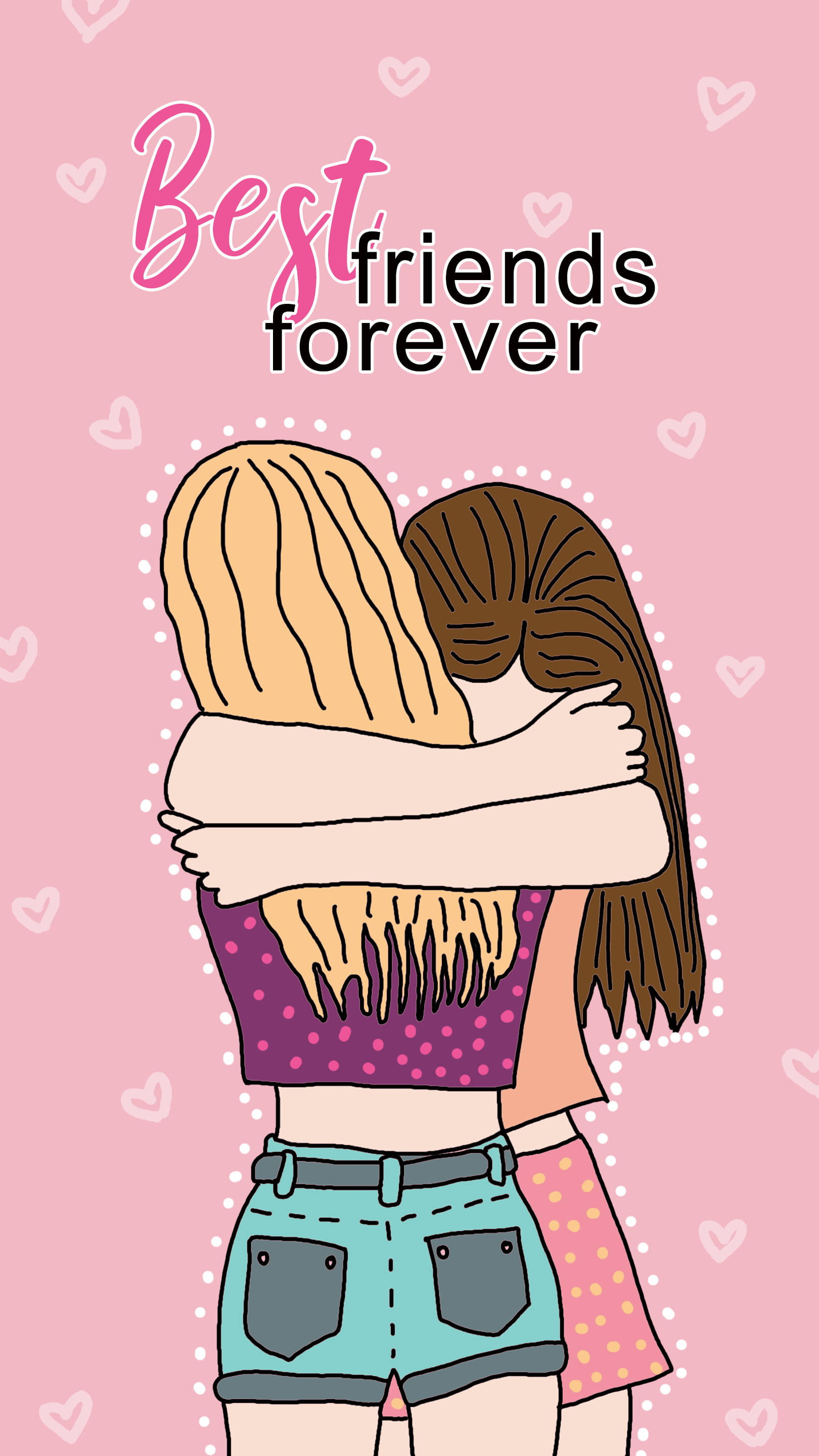 Best Friends Forever 桌布 壁紙 — 兩個女孩在粉紅色背景上，帶有心形圖案和「Best friends forever」文字，從後方緊緊擁抱。