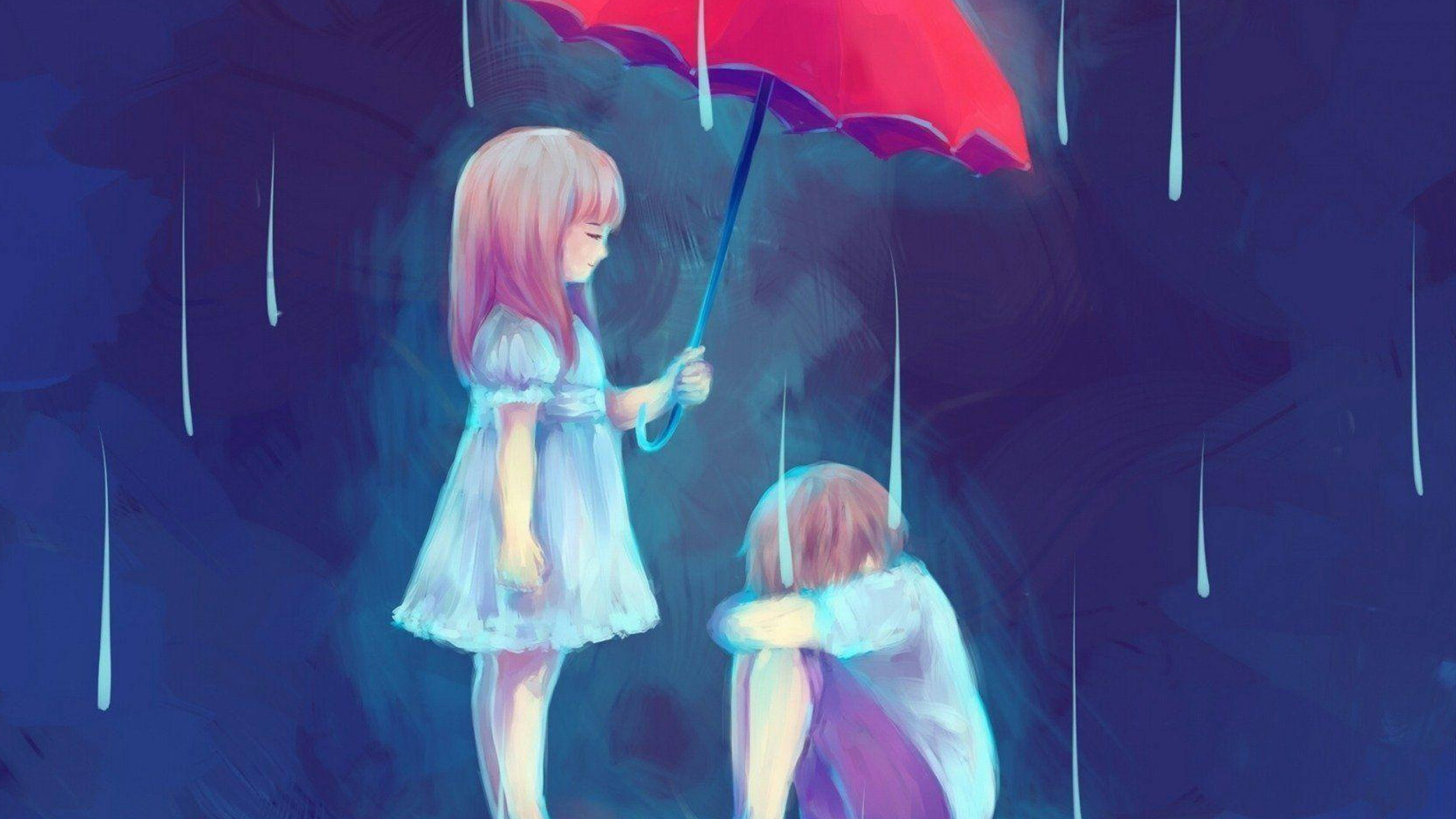 Sad Anime Boy 桌布 壁紙 — 兩個女孩在雨中場景，一個站着拿着紅色雨傘，另一個蜷縮着坐在傘下。