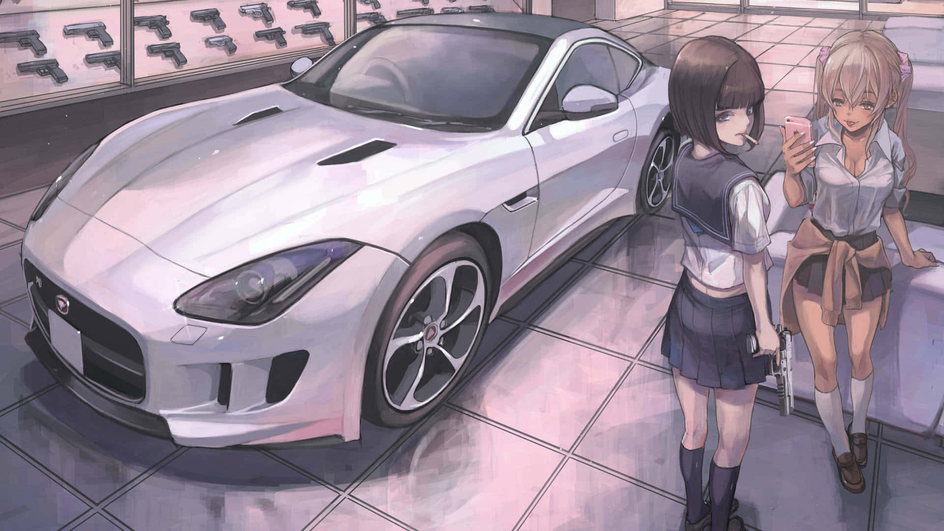 兩個女孩站在白色跑車旁 壁紙