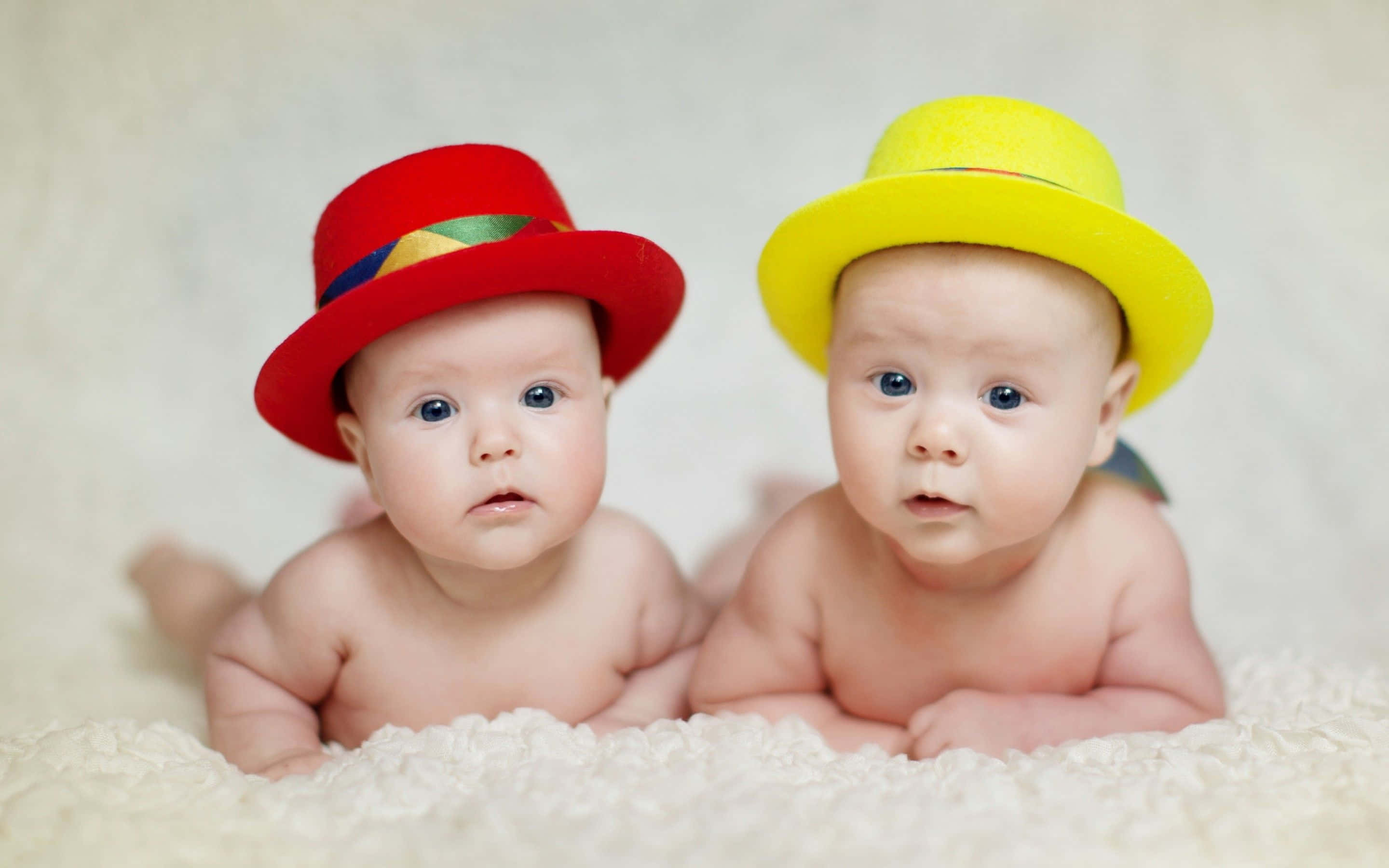Cute Babies 桌布 壁紙 — 兩個好奇嘅BB戴住色彩繽紛嘅帽，喺柔軟嘅白色地氈上直視鏡頭。