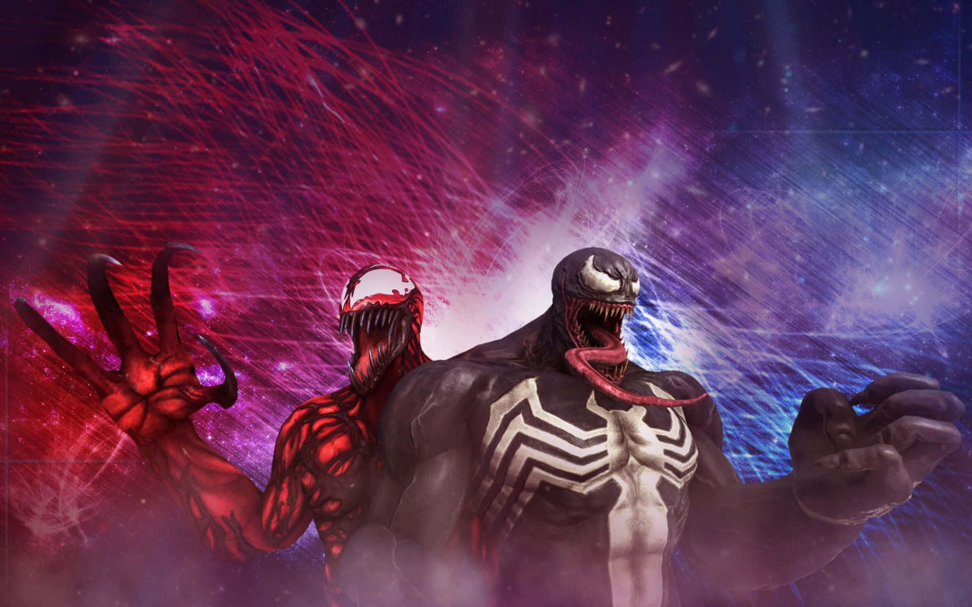 Carnage Vs Venom 桌布 壁紙 — 兩個威脅性的共生體角色毒液和屠殺站在宇宙紅色和藍色能量爆發背景前。