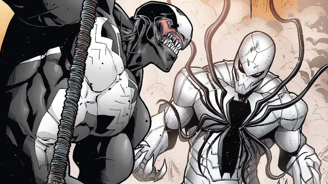 Venomverse 桌布 壁紙 — 兩個威脅性的共生體角色毒液和白虎以尖銳的黑白對比在 gritty 漫畫風格中碰撞。