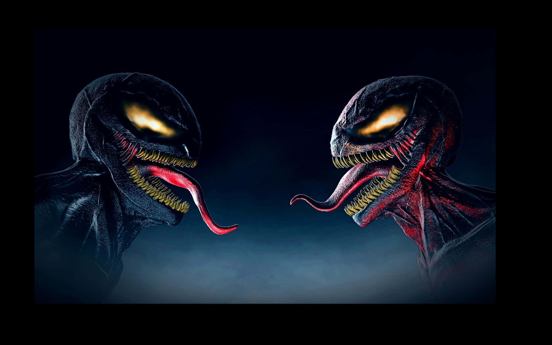 Carnage Vs Venom 桌布 壁紙 — 兩個威脅性的毒液共生體在黑暗煙霧環境中對峙，擁有發光的黃色眼睛和鋒利的牙齒。
