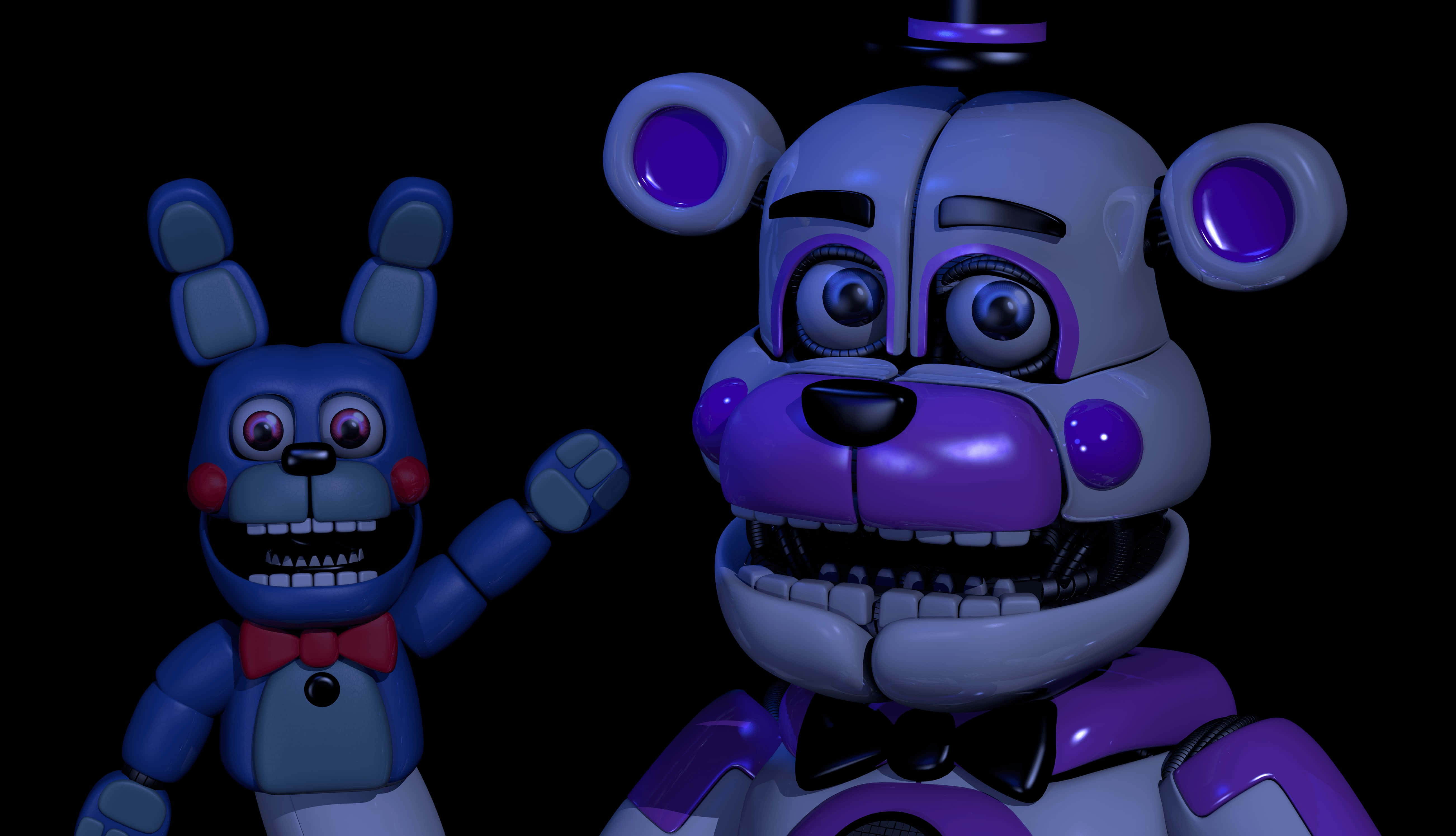 Funtime Freddy 桌布 壁紙 — 兩個威脅性的電子動畫角色在黑暗燈光下發光，擁有鋒利的牙齒和大眼睛。