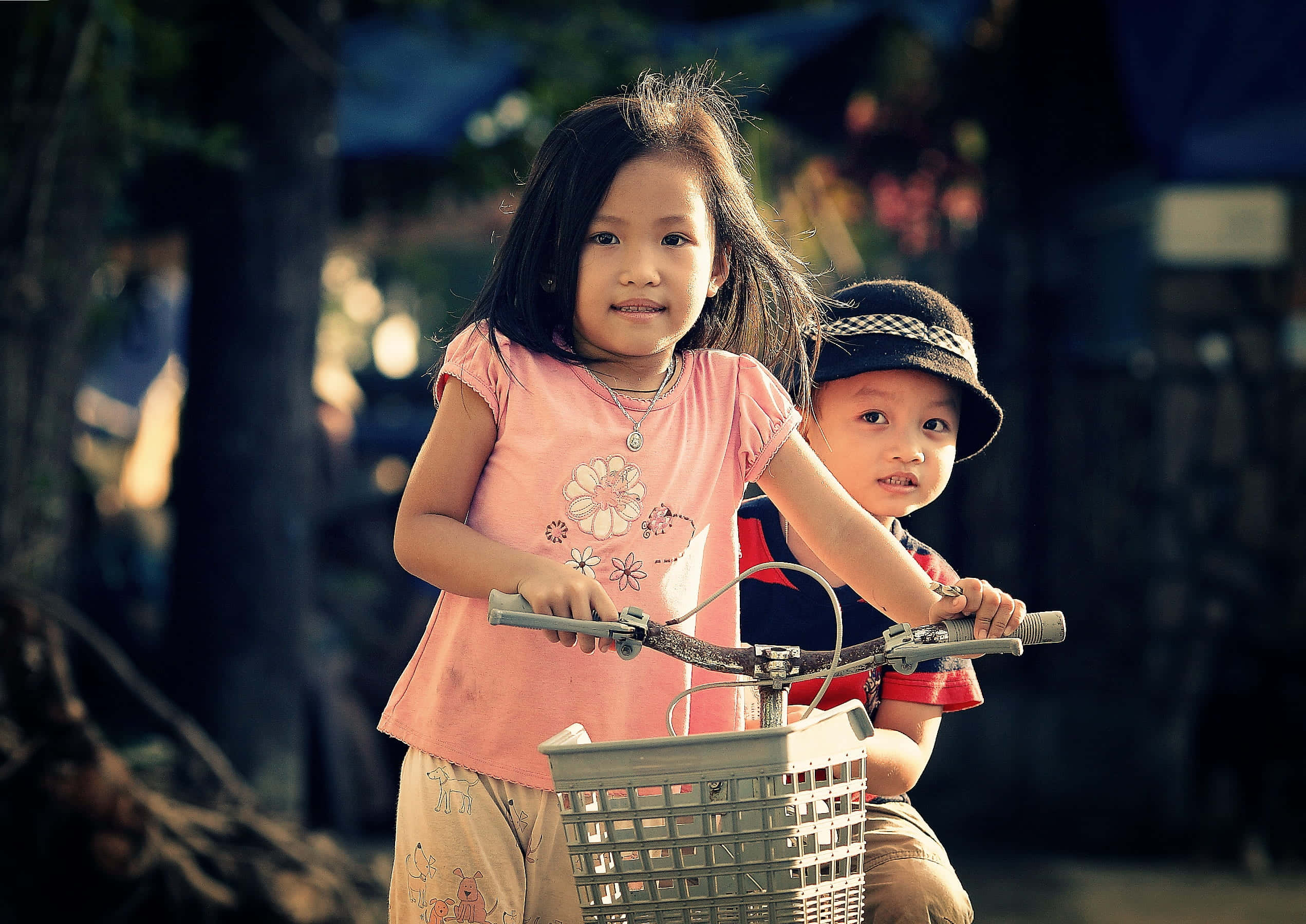 Cute Kids 桌布 壁紙 — 兩個孩子一起騎單車，穿過陽光普照的戶外環境，有樹木和柔和散景背景。